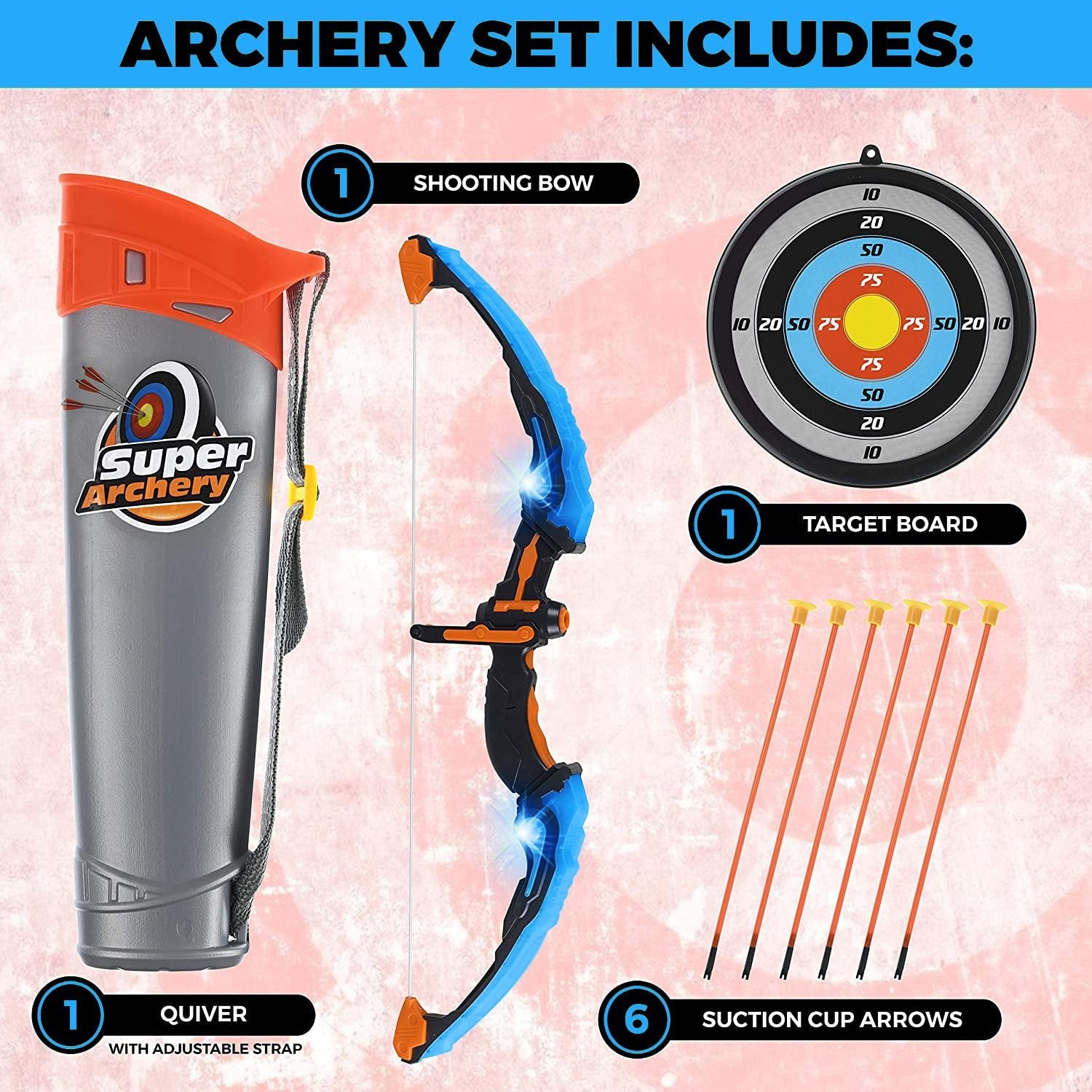 ToyVelt Kids Bow and Arrow Set - LED Light Up, Archery Set Comes with 10 Suction Cup Arrows, Target & Quiver, Indoor and Outdoor Toys for Children Boys Girls, Best Gift (Bow and Arrow for Kids)