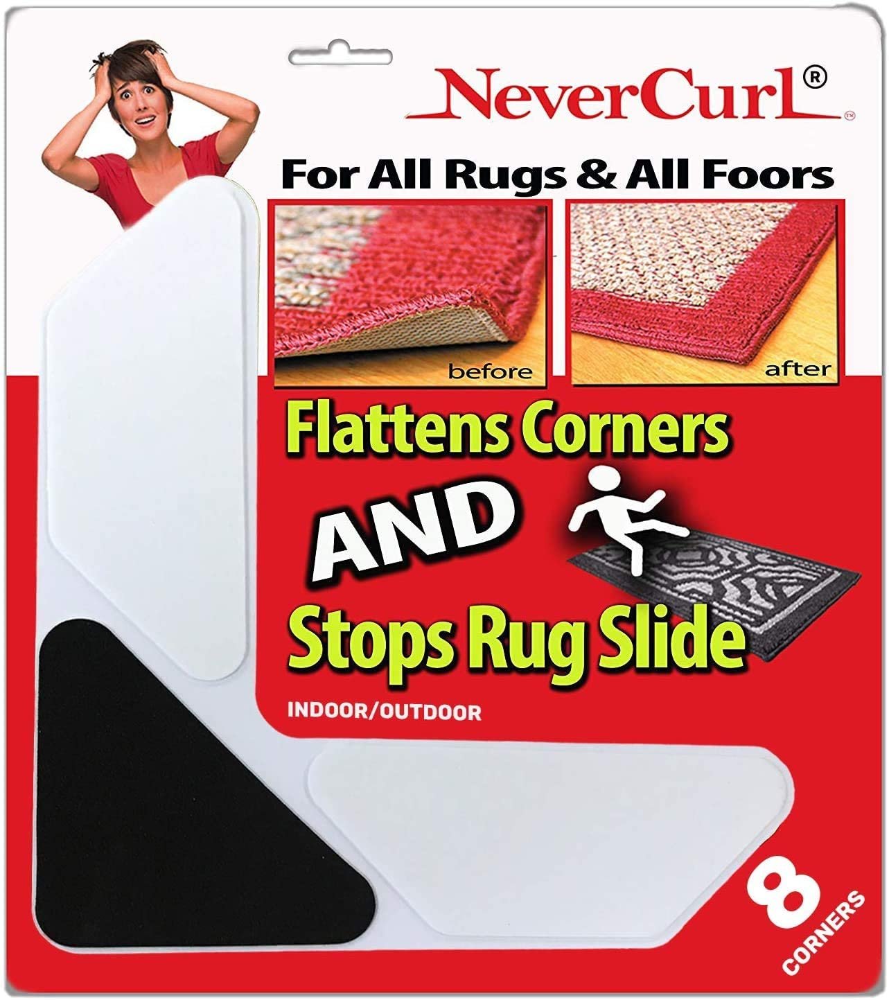 NeverCurl 8PK Rug Corner Grippers - Instantly Flattens Rug Corners Stops Rug Slipping, Stiff Layer Prevent Curling, Renewable Sticky Gel, Easy Lift Design to Clean Under Rugs, Carpet Tape