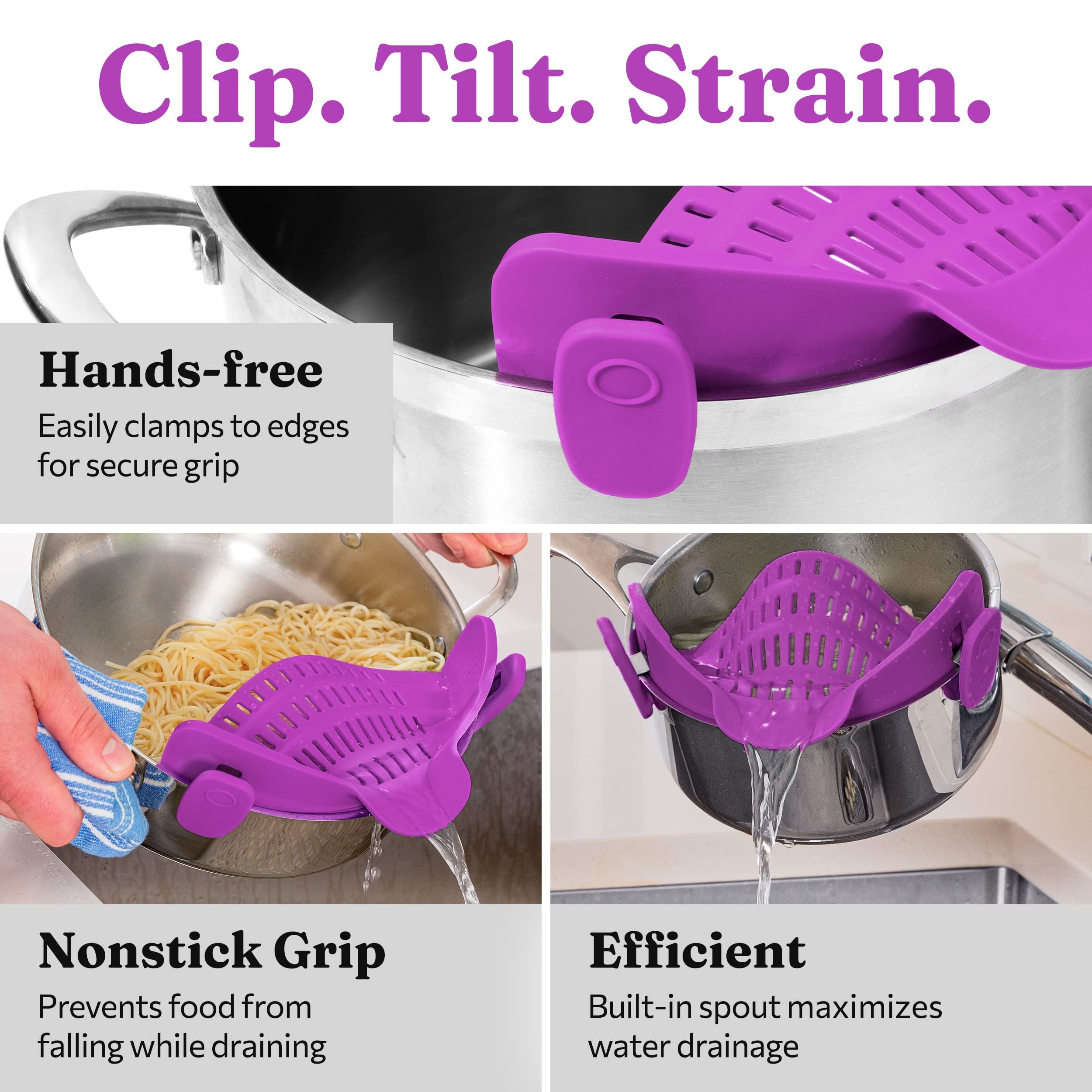 Kitchen Gizmo Snap N Strain Pot Strainer and Pasta Strainer - Strainers and Colanders - Adjustable Silicone Clip On Strainer for Pots, Pans, and Bowls - Kitchen Colander - Purple