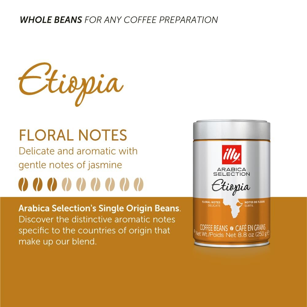 illy Whole Bean Coffee - Perfectly Roasted Whole Coffee Beans - Etiopia Bold Roast - Gentle Notes of Jasmine - Floral Notes - 100% Arabica Coffee - No Preservatives - 8.8 Ounce, 6 Pack