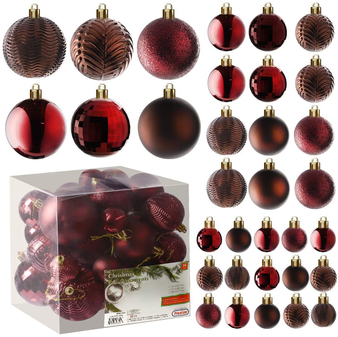 PREXTEX Christmas Tree Ornaments - Wine Red Christmas Ball Ornaments Set for Christmas, Holiday, Wreath & Party Decorations (36 pcs - Small, Medium, Large) Shatterproof - Red Christmas Ornaments