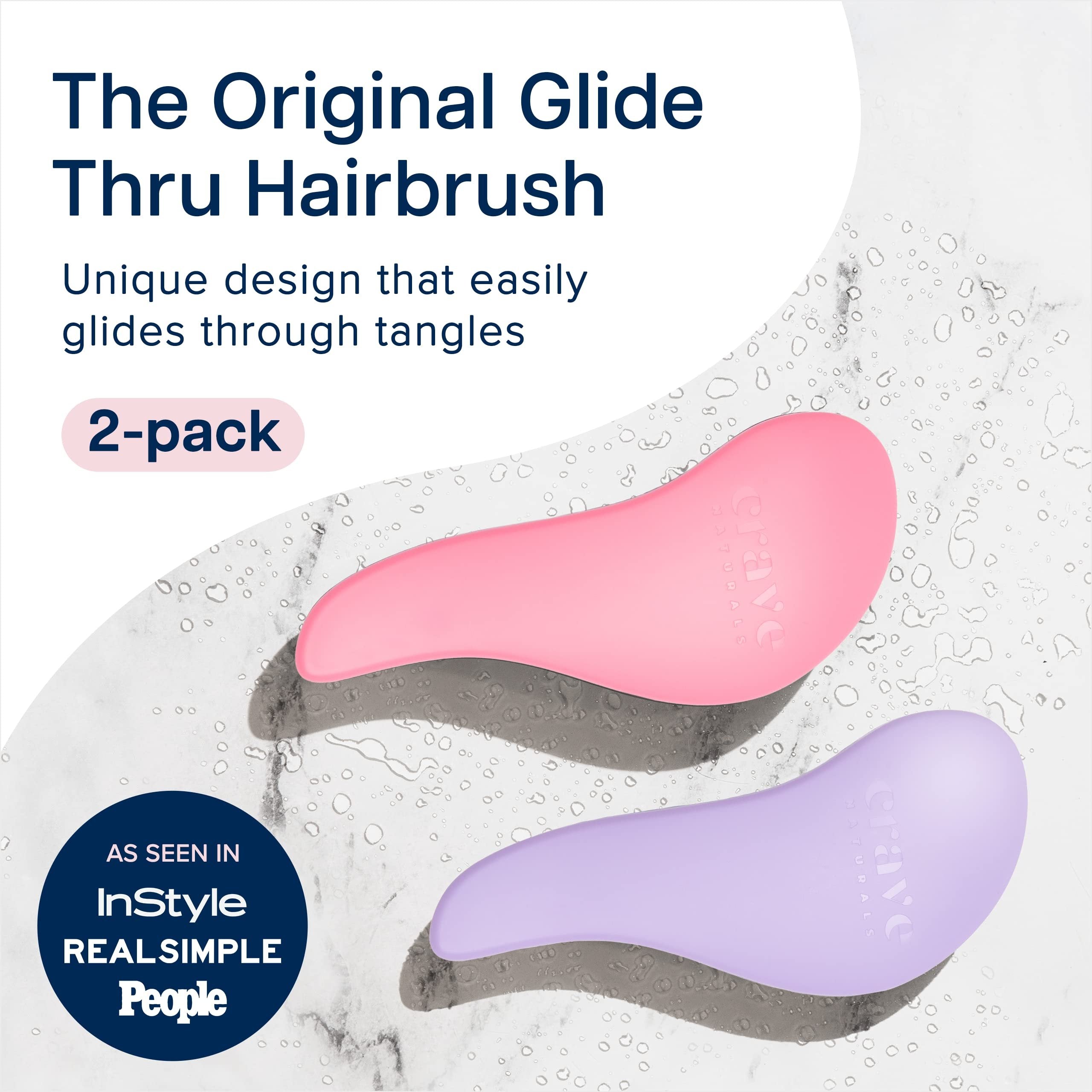 Crave Naturals Glide Thru Detangling Hair Brushes for Adults & Kids Hair - Detangler Hairbrush for Natural, Curly, Straight, Wet or Dry Hair - Hair Brushes for Women - 2 Pack - Pink & Purple