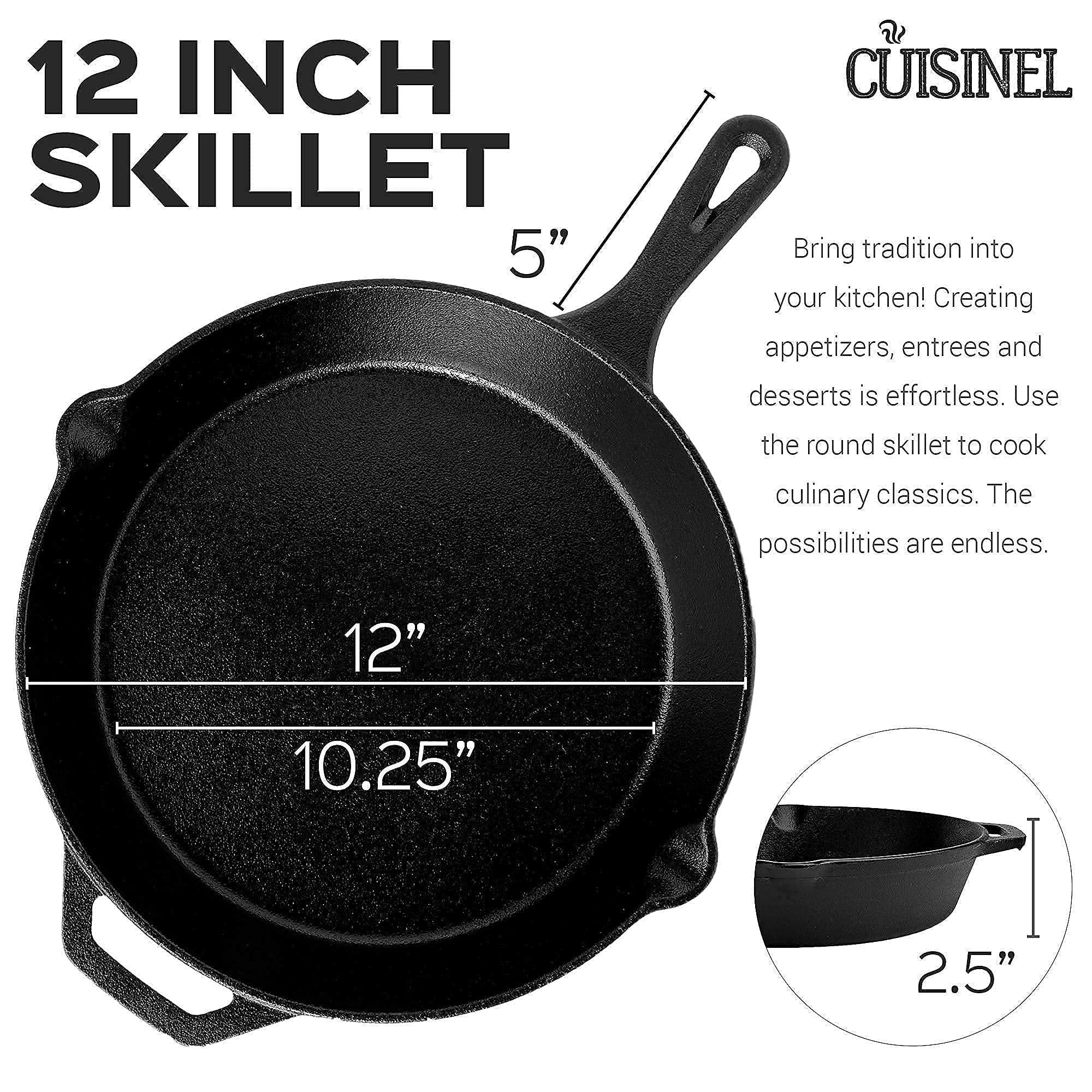 Cuisinel Cast Iron Skillet - 12"-Inch + Glass Lid + Silicone Handle Cover - Preseasoned Oven Safe Cookware - Heat-Resistant Holder - Indoor and Outdoor Use - Grill, Stovetop, Induction Safe