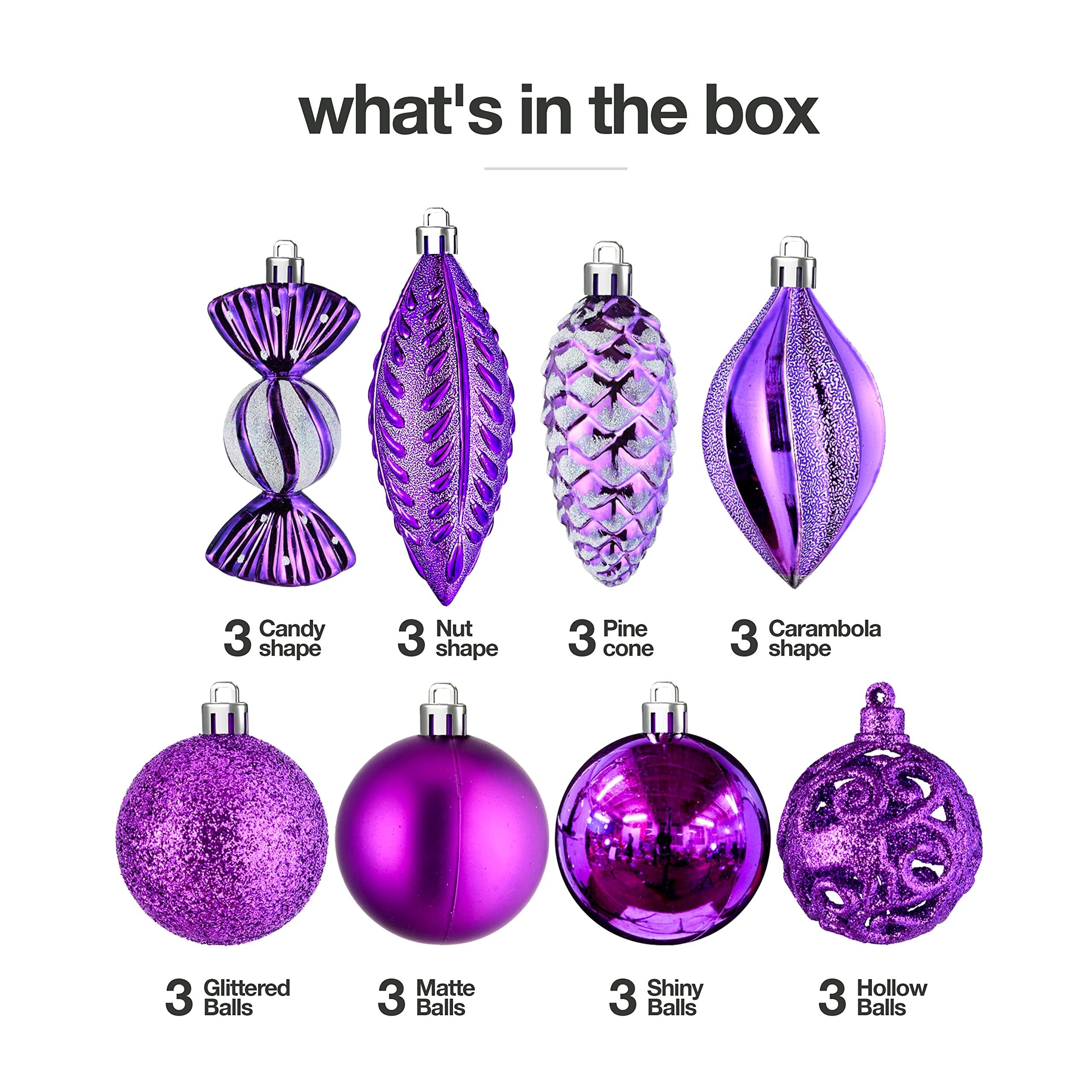 Prextex Christmas Ball Ornaments for Christmas Decorations - 24 pcs Purple Christmas Ornaments with Hanging Loop for Holiday, Wreath, and Party Decorations - Purple Ornaments for Christmas Tree