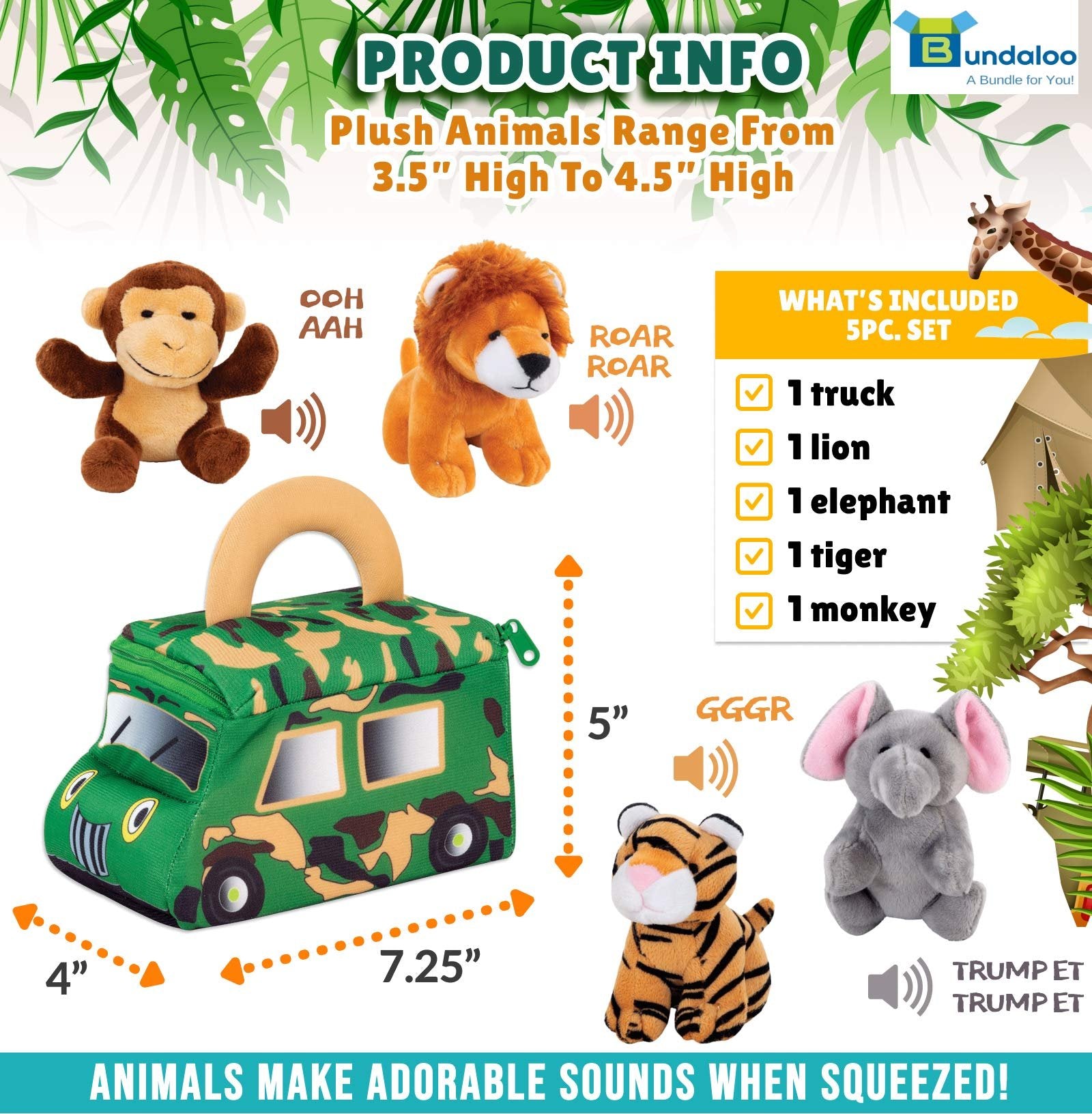 Bundaloo Plush Jungle Animals Set with Realistic Sound - Soft Stuffed Animal Toys with Safari Truck Carrier - Mini Tiger, Lion, Monkey, and Elephant