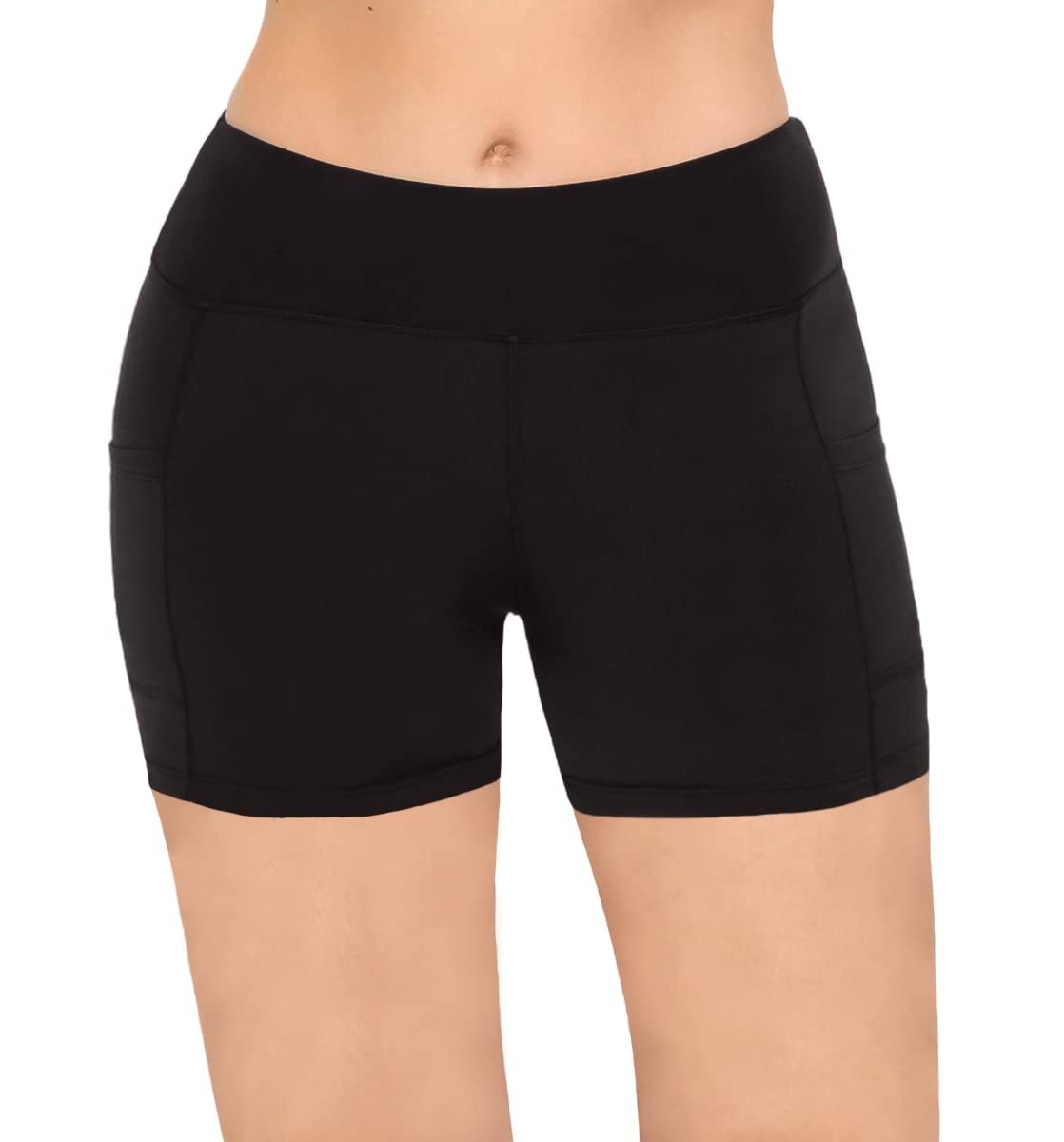 SATINA Biker Shorts for Women - High Waist Biker Shorts with Pockets - Yoga Shorts for Regular & Plus Size Women (5-Inch, Large, Black Shorts)