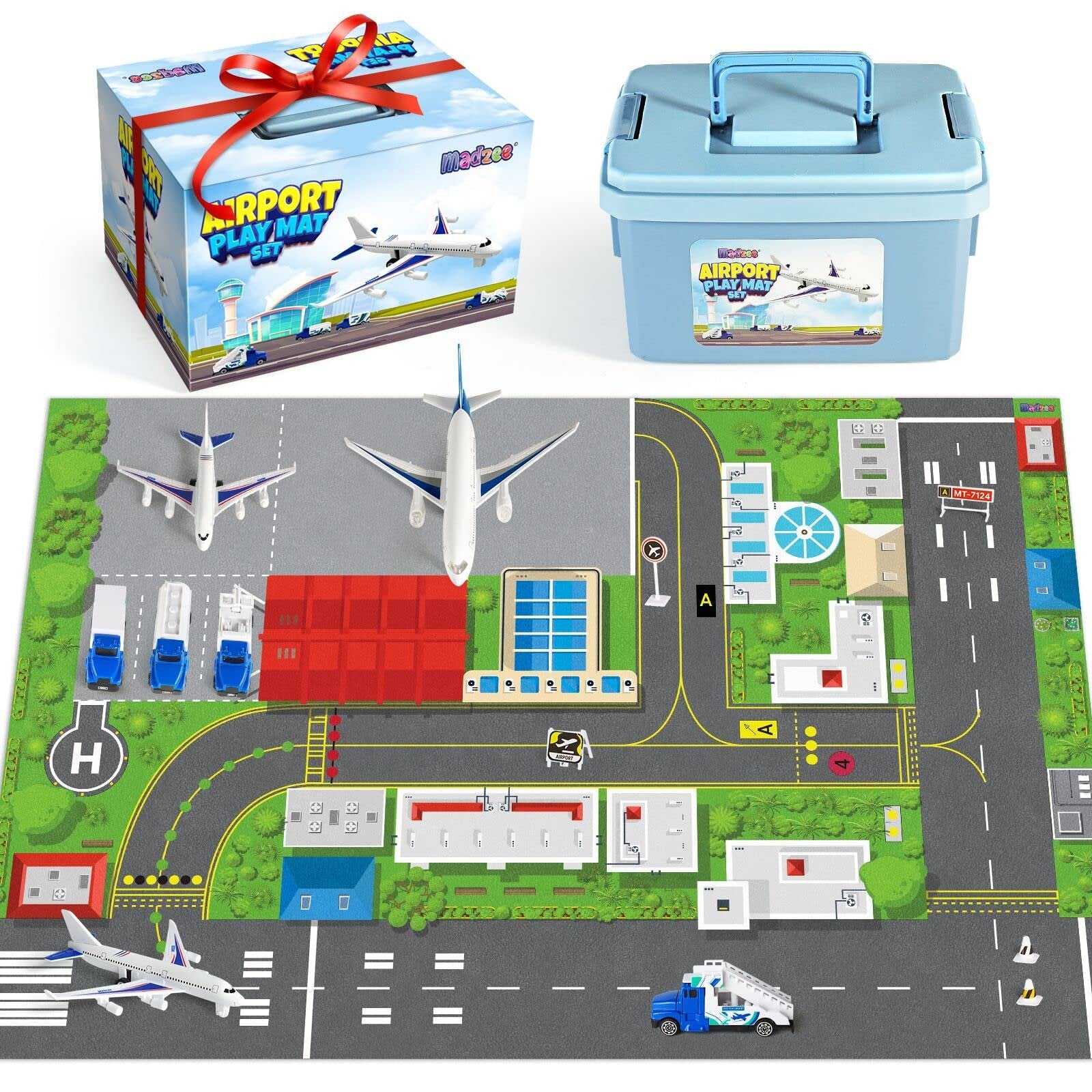 Airplane Toy Set and Kids Activity Play Mat with Planes, Trucks, Signs, and Large Playmat Airport, Interactive Early Learning Toys for Toddler Boys and Girls - Great Gift for Birthday and Christmas