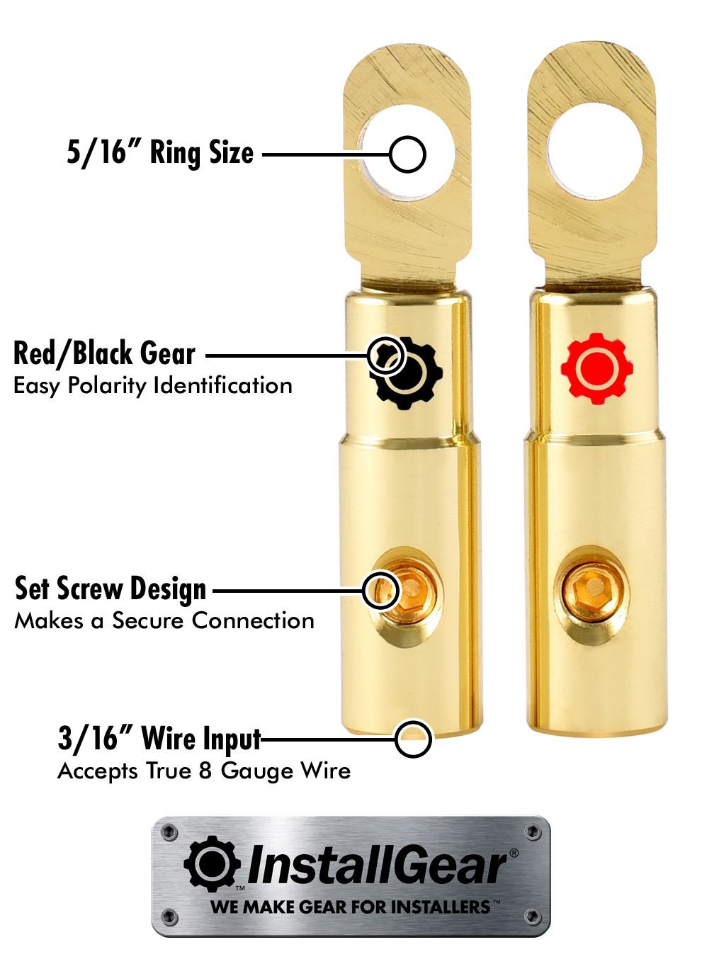 InstallGear 8 AWG Gauge Gold Ring Set Screw Battery Ring Terminals (4 Pack) | Terminal Connectors for Battery Cable Ends | Copper Wire Lugs