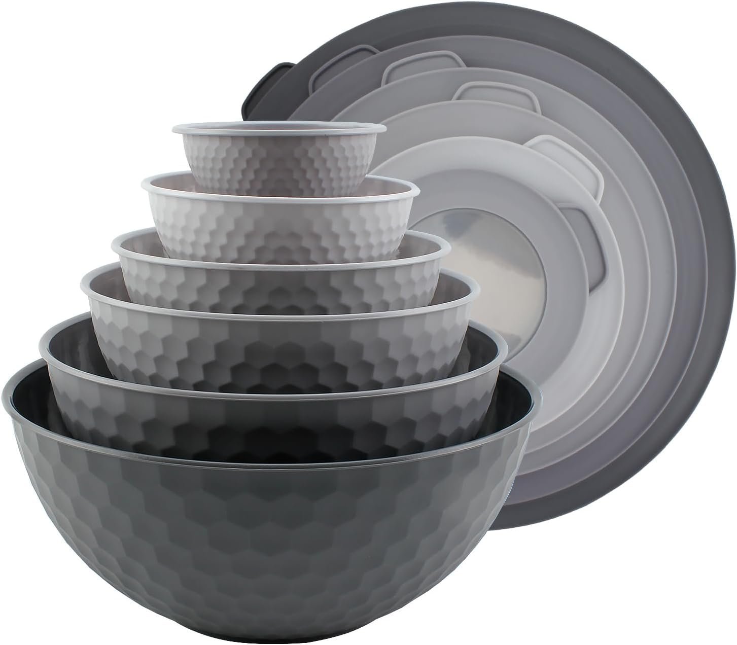 COOK WITH COLOR Mixing Bowls with Lids - 12 Piece Plastic Nesting Bowls Set includes 6 Prep Bowls and 6 Lids, Non Slip Bottom and Embossed Design - Microwave Safe (Grey)