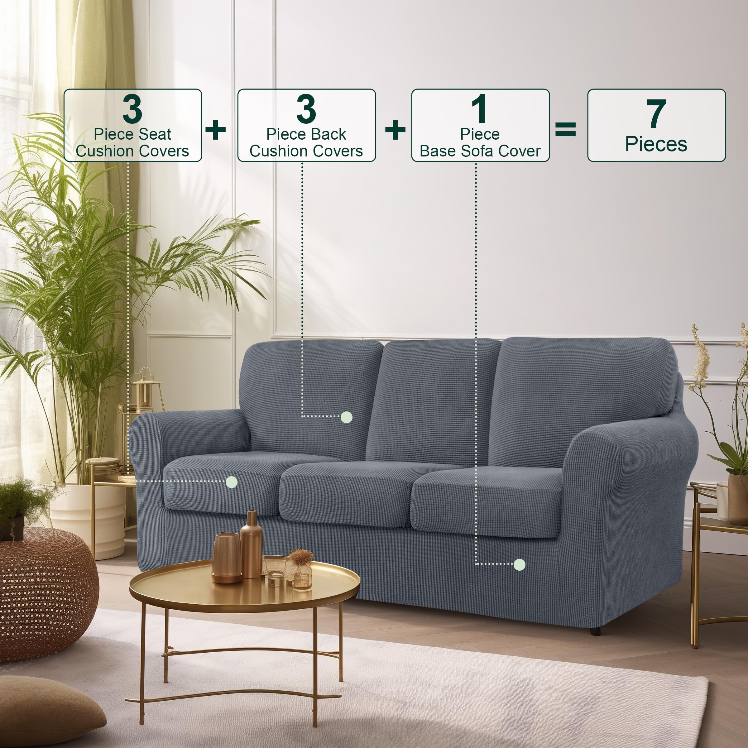 CHUN YI 7 Piece Stretch Sofa Covers for 3 Cushion Couch Covers, 3 Seater Couch Slipcover with 3 Separate Backrests and Cushions with Elastic Band, Spandex Jacquard Fabric(Large, Gray)