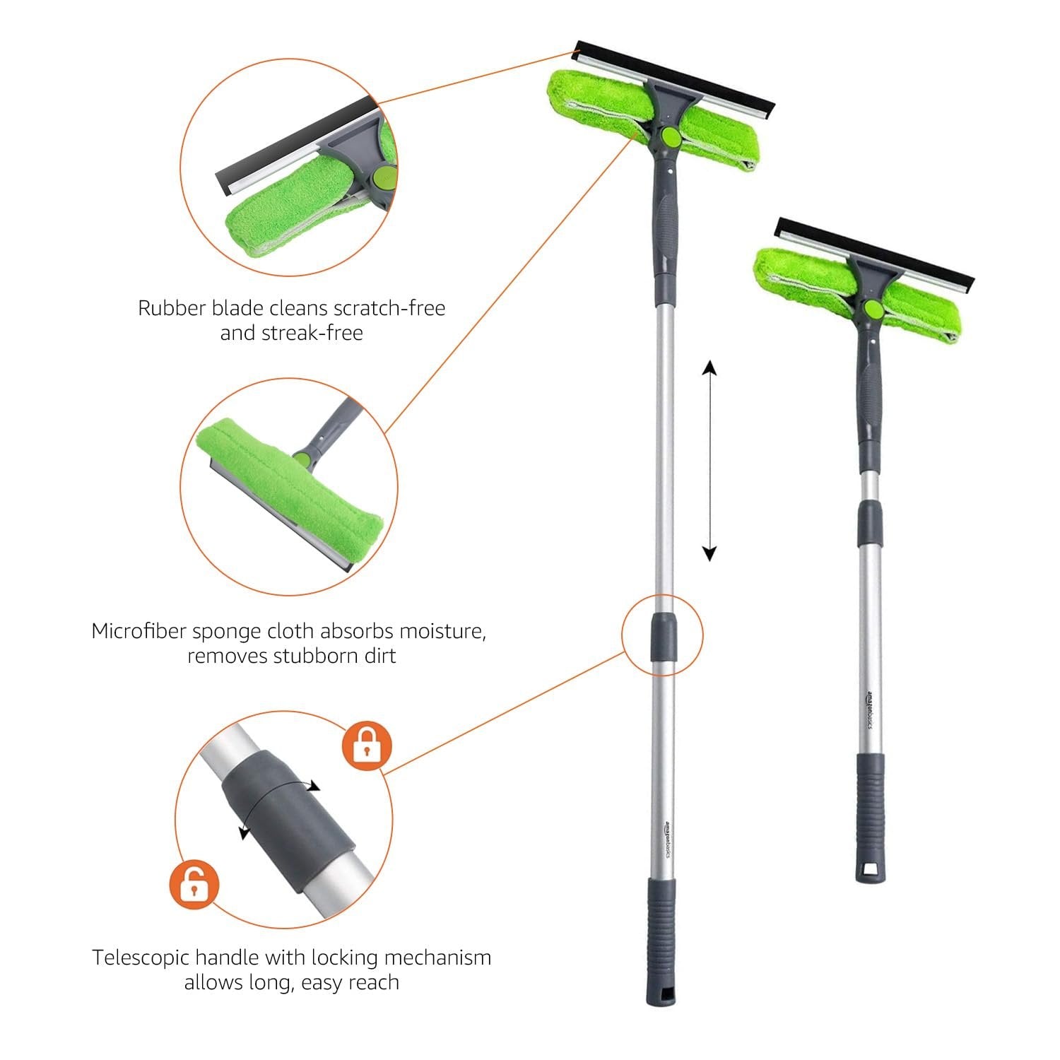 Amazon Basics Extendable Window Squeegee with Rotating Head, Green
