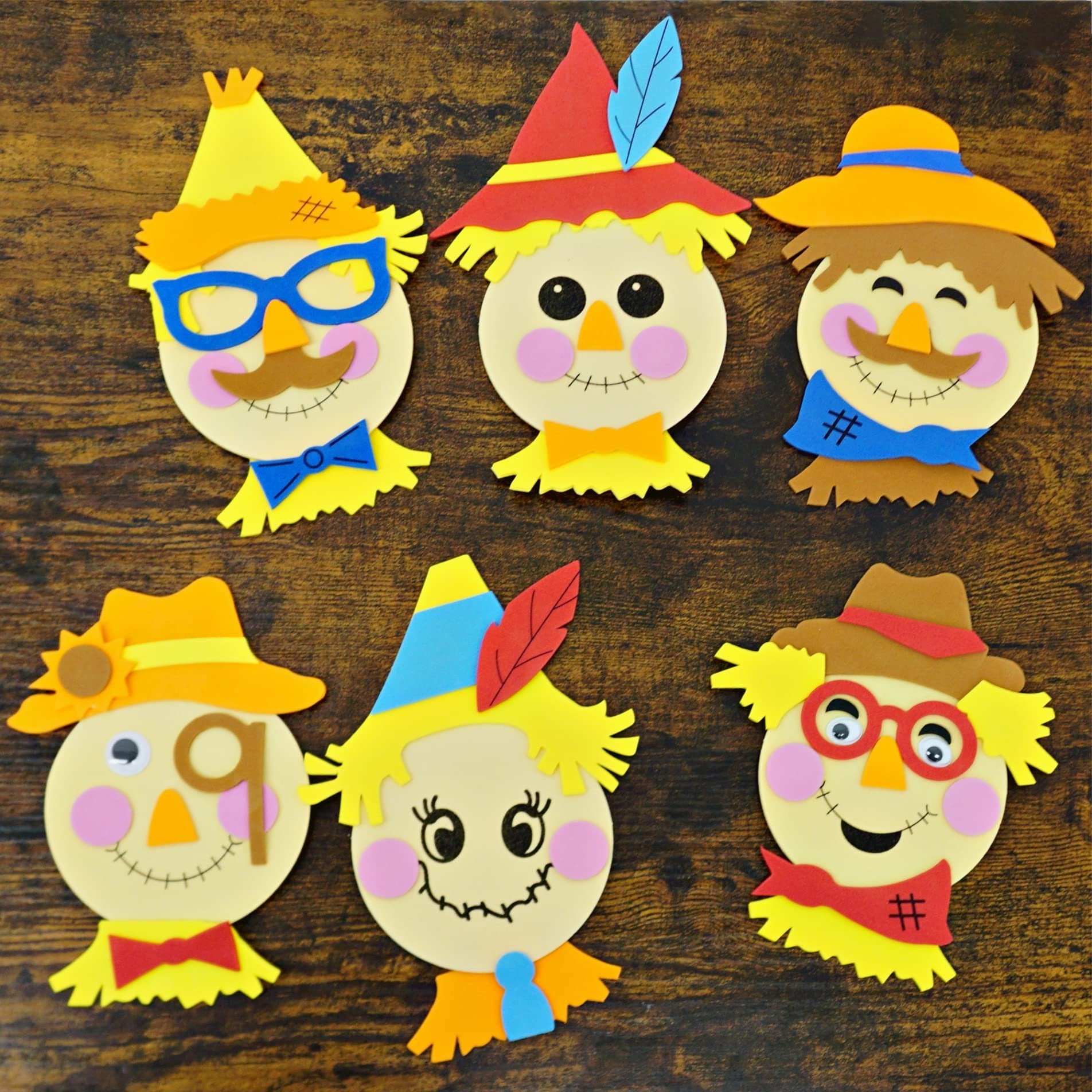 4E's Novelty Scarecrow Thanksgiving Crafts for Kids (12 Pack) Foam Self Adhesive, Crafts for Kids Bulk with Magnet, DIY Party Favors Activity for Ages 3-12