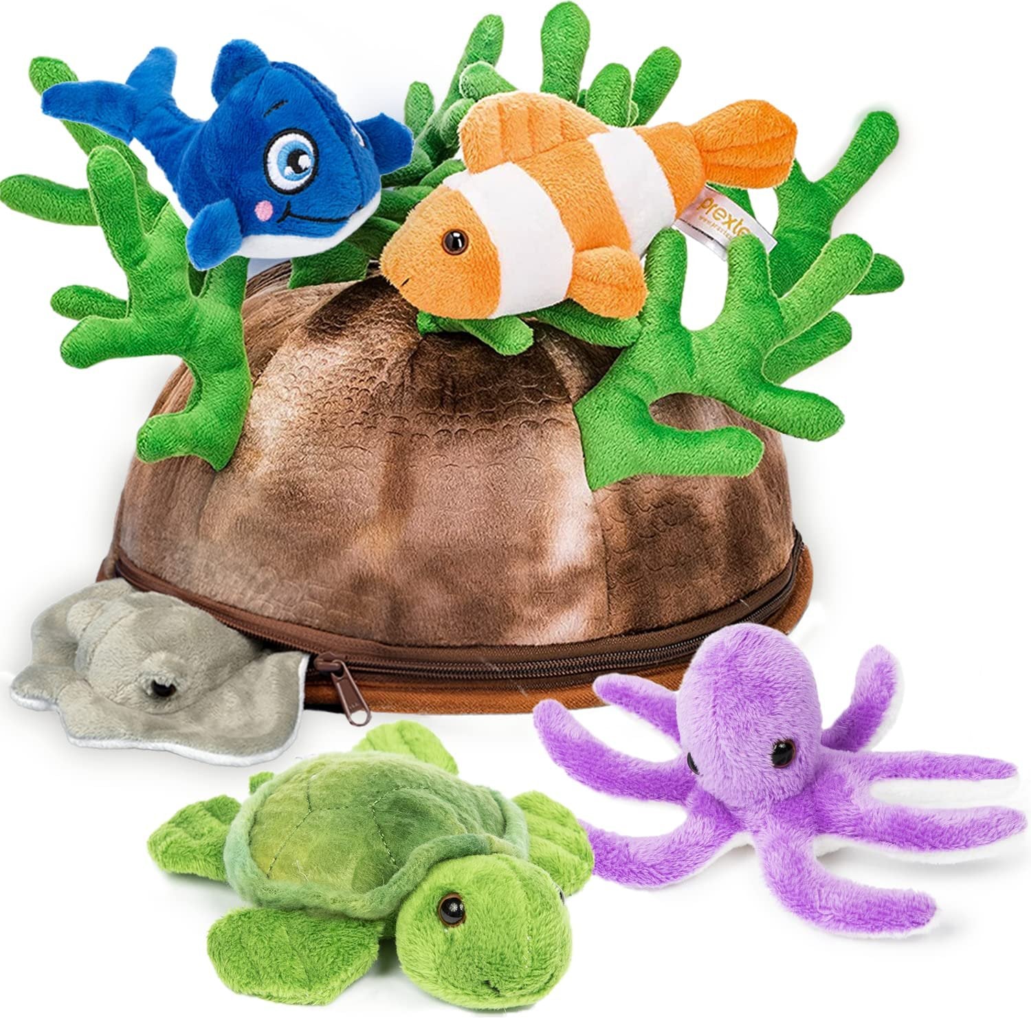 Prextex 5-pc Stuffed Sea Animal & Toy Storage | Soft Plush Sea Creatures Toys for Kids | Small/Mini Stuffed Animals in Bulk | Cute Toy Ocean Decor, Ocean Animals | Birthday Gift Bag, Party Favor/Decor