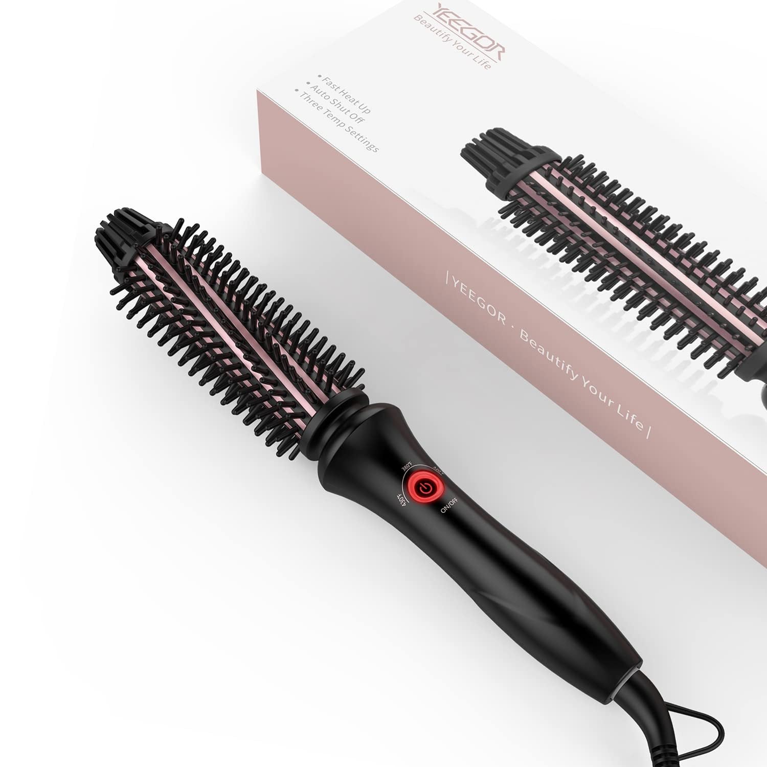 YEEGOR Curling Iron Brush 1 Inch, Heated Styling Round Brush Curling Iron Travel Dual Voltage，3 Temps Anti-Scald Hot Curling Brush Culer for Short Hair