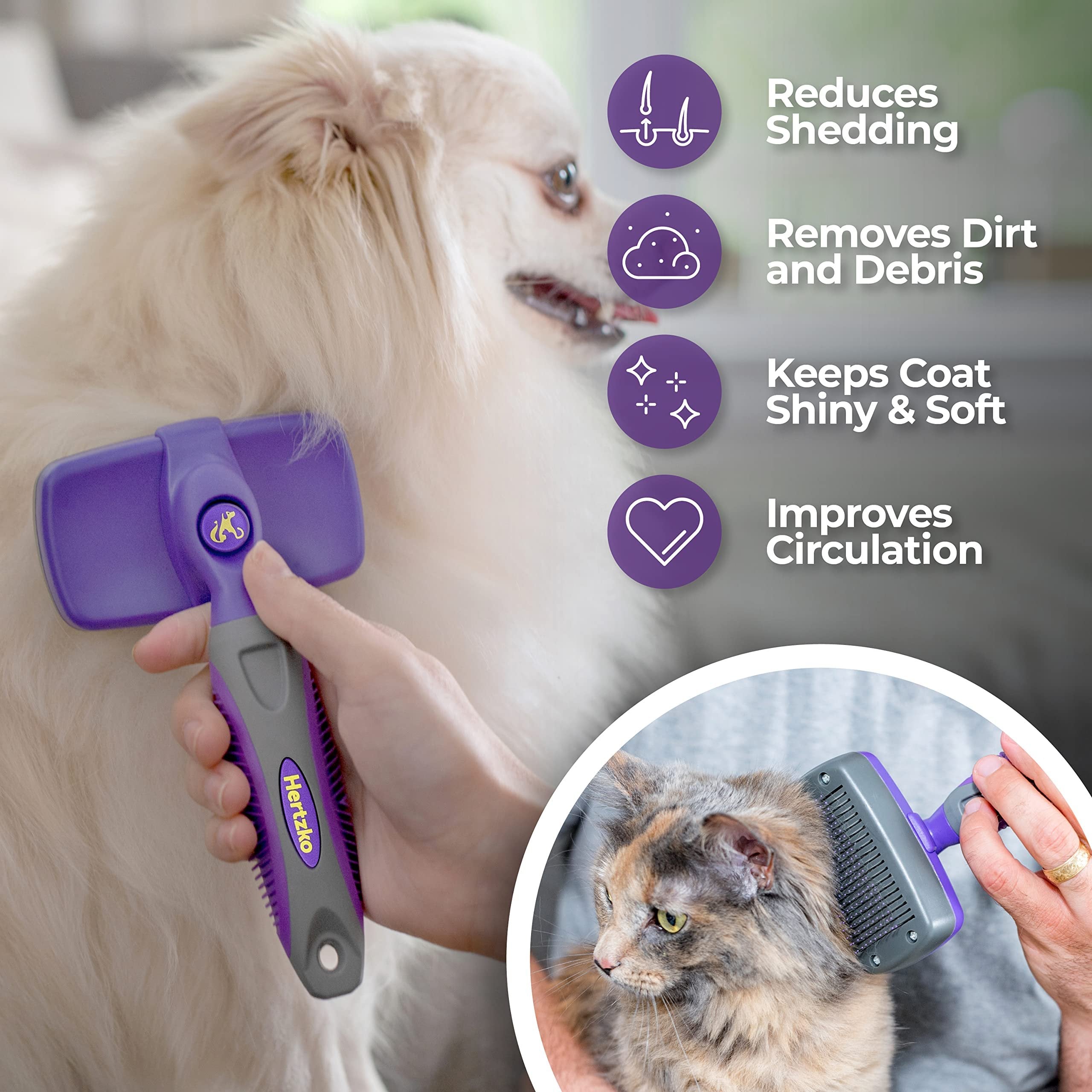 Hertzko Dog & Cat Brush, Dog Brush for Shedding, Cat & Dog Grooming, Self Cleaning Slicker Brush for Pets, Grooming Brushes for Long Short Haired Dogs Cats, Deshedding Brush, Rake, Comb