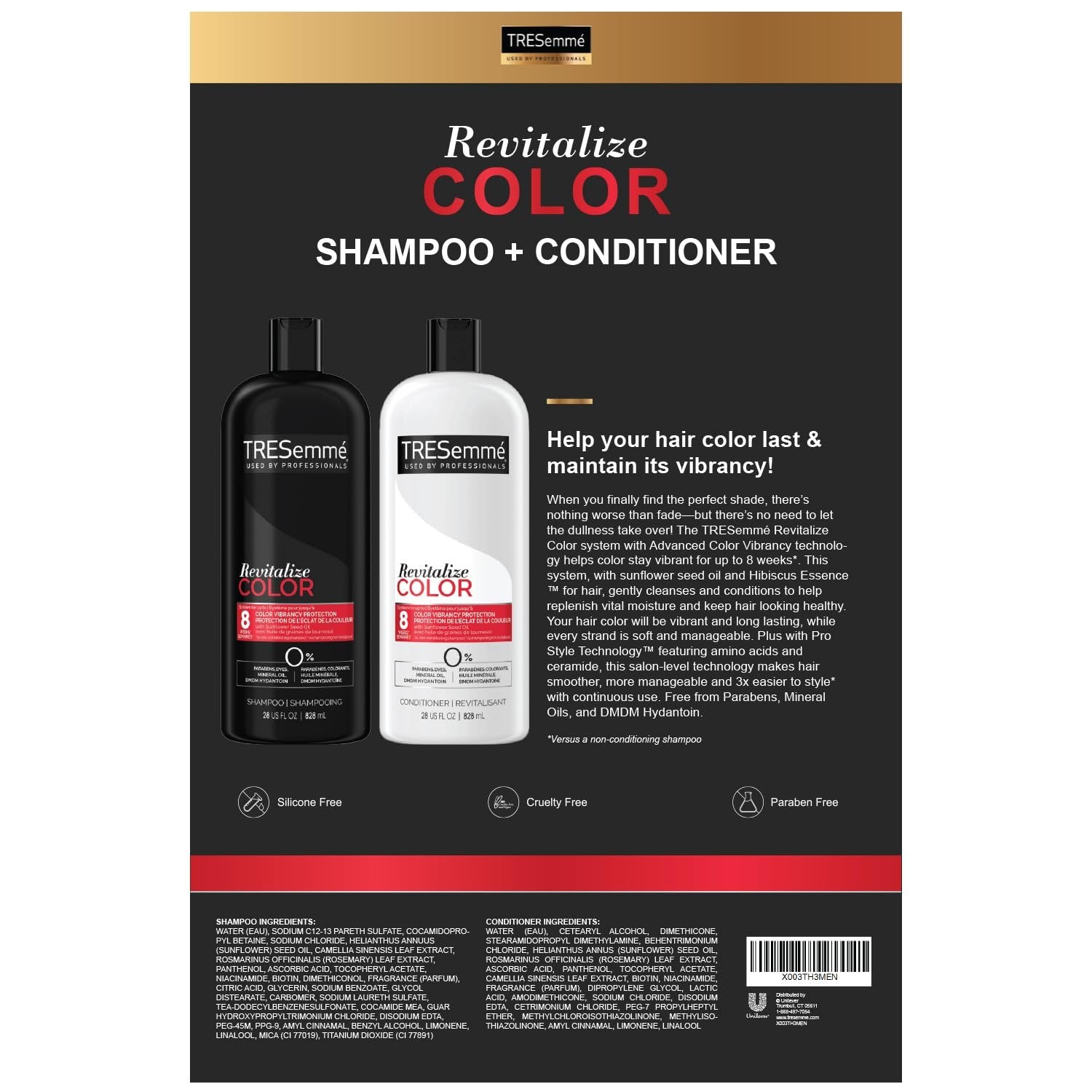 TRESemmé Shampoo and Conditioner Set, Color Revitalize, Protects Hair Color for Weeks with Sunflower Seed Oil for Healthy Hair, 28 Fl Oz each
