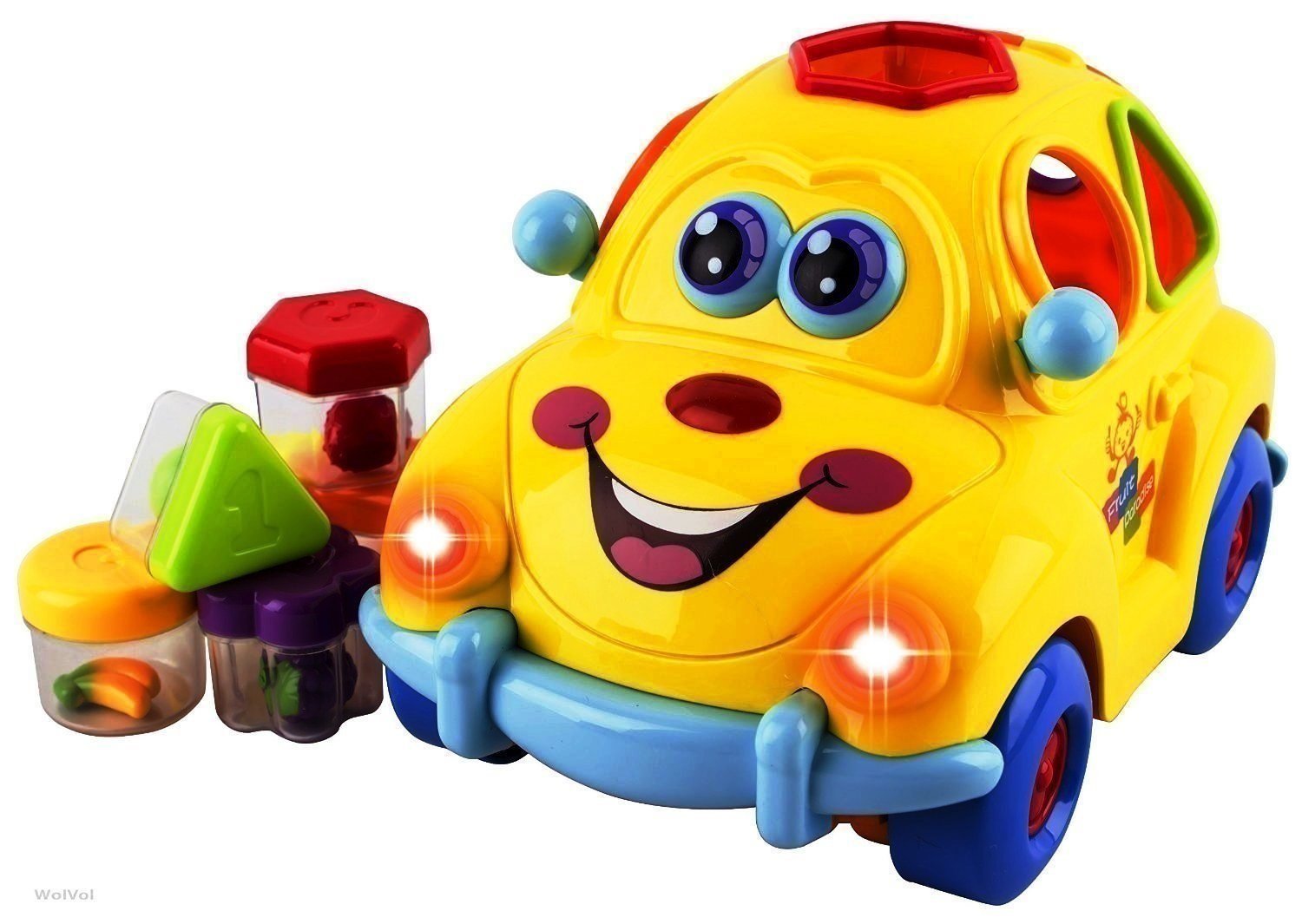 WolVolk Electric Musical Car Toy with Lights and Sounds, Fruit Shape Sorters Activity, goes Around and Changes Directions on Contact - Safe Sturdy Educational Toy for Toddlers 18 Months +