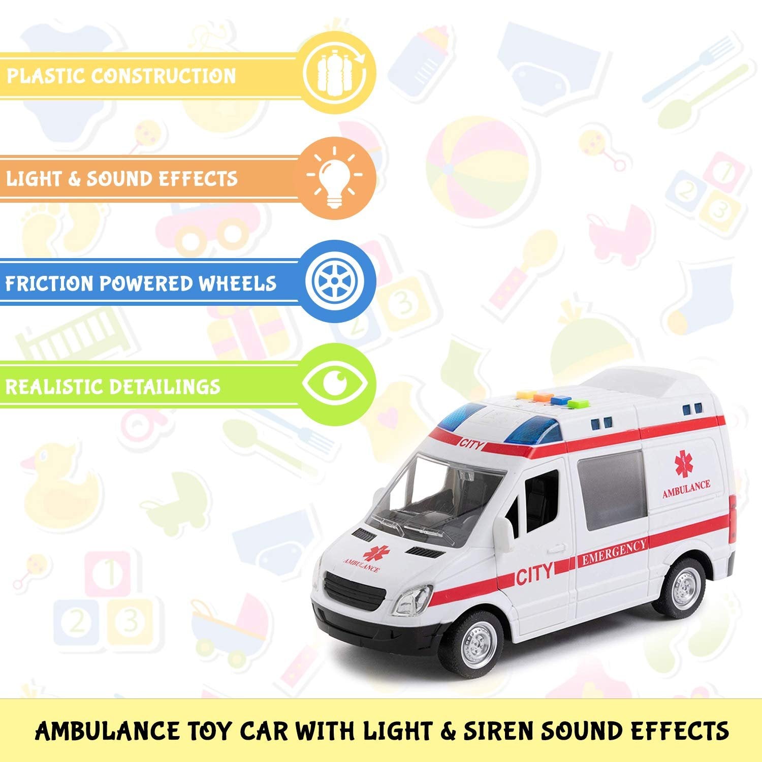 Toy To Enjoy Ambulance Toy Car with Light & Siren Sound Effects - Friction Powered Wheels & LED Lights - Heavy Duty Plastic Rescue Vehicle Toy for Kids & Children