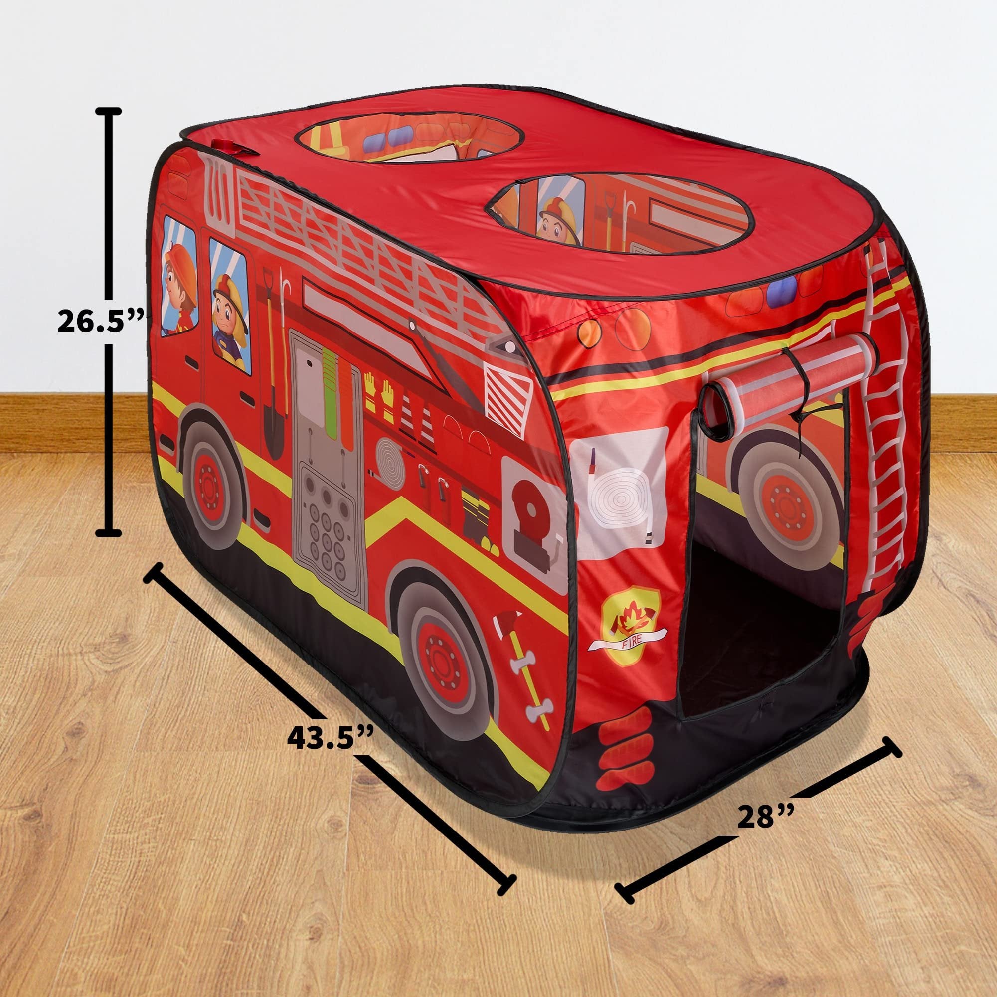 Playbees Musical Fire Truck Pop Up Play Tent with 3 Openings - Role Play Firefighter Tent - Sirens & Fireman Sounds - Indoor Outdoor - Red Fire Engine Playhouse Vehicle Toys - Ideal Play, Gift, Prop