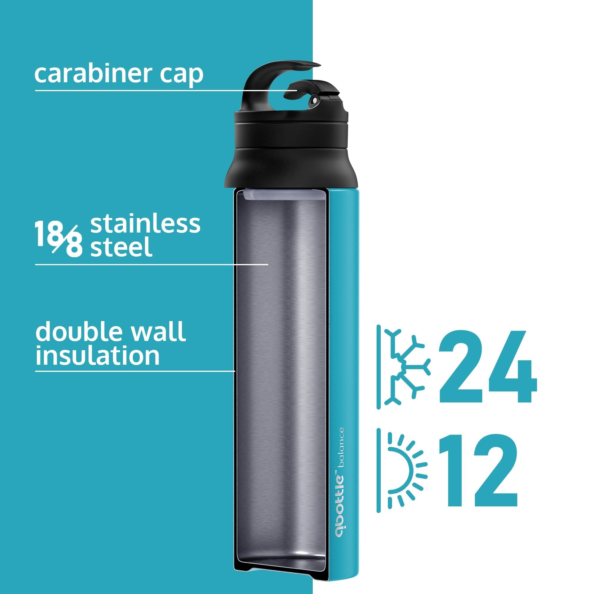 qbottle Insulated Water Bottles with Carabiner Lid - Stainless Steel Water Bottle - Leak Proof Metal Water Bottle - No Sweat - Wide Mouth - Aqua Blue, 27 oz