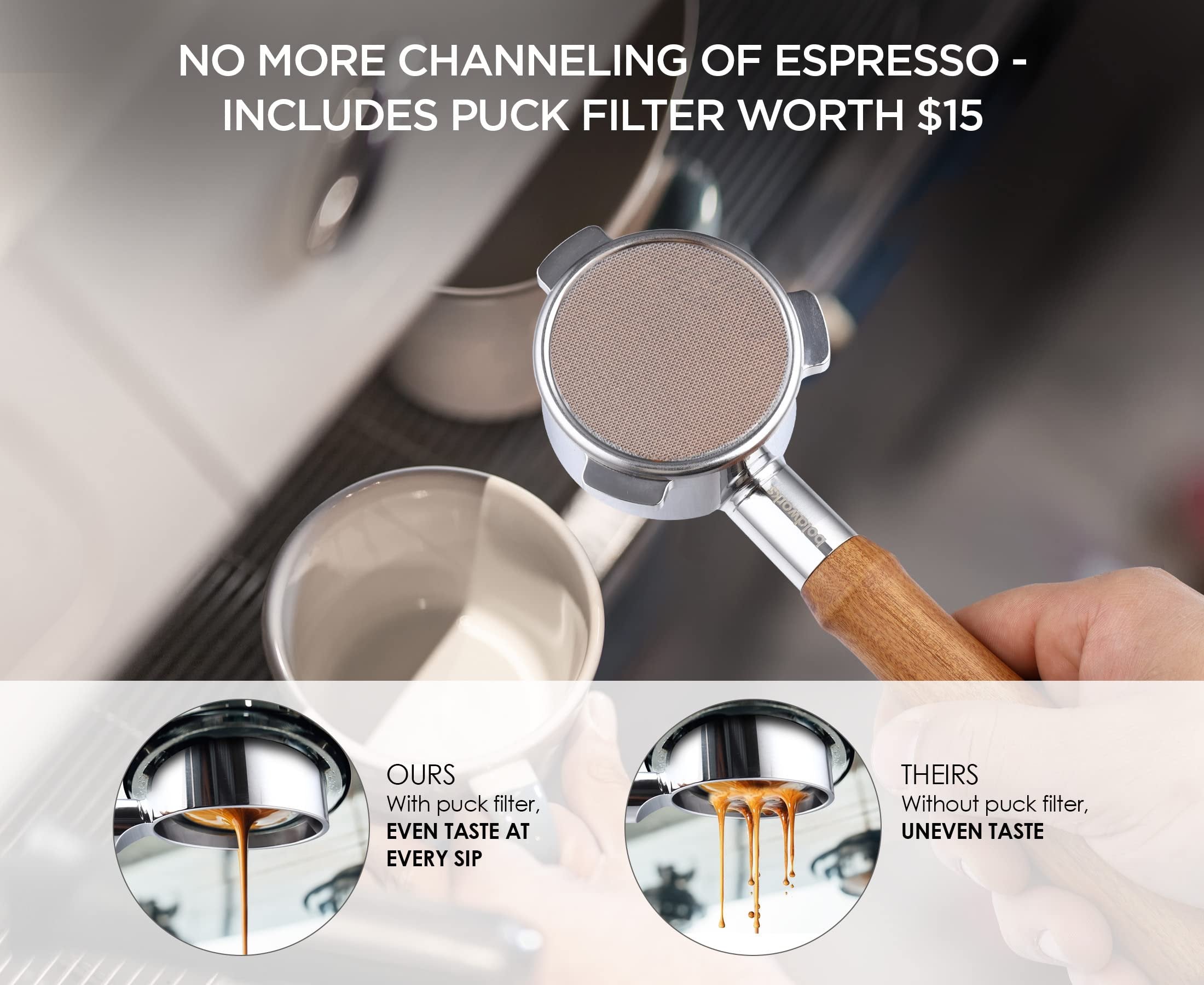 54mm Bottomless Portafilter 54mm Breville Compatible 54mm Portafilter with Puck Filter for All 54mm Breville Barista Espresso Coffee Machines Express Bambino Touch Pro Infuser Filter Basket Included