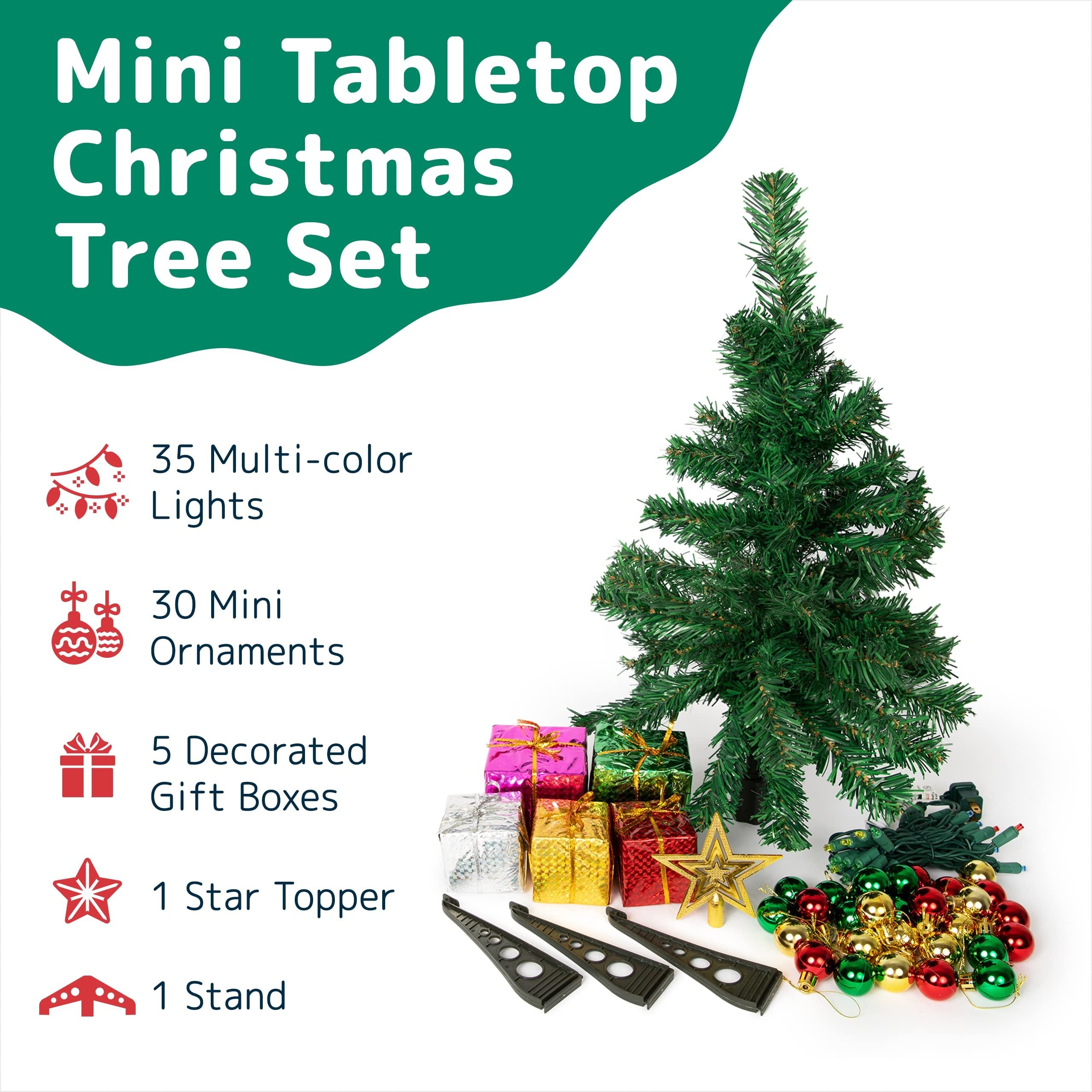23-Inch Mini White Christmas Tree with Warm-White LED Lights - Small White Christmas Tree with Lights - DIY Tabletop Little Christmas Tree with Star Treetop, Decorated Gift Boxes, & Hanging Ornaments