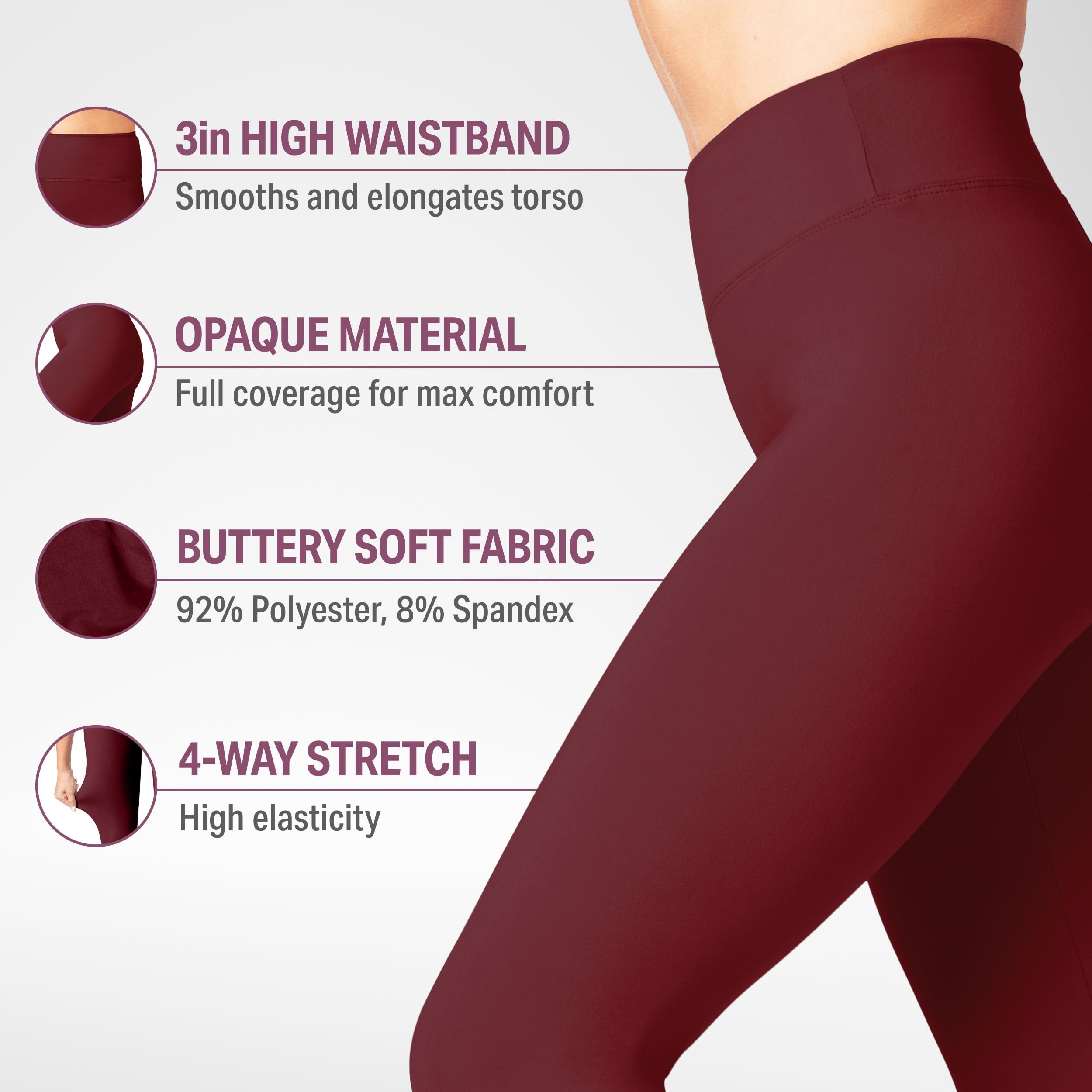 SATINA Womens High Waisted Leggings -, Leggings for Regular & Plus Size Women, 3 Inch Waistband, Burgundy, One Size