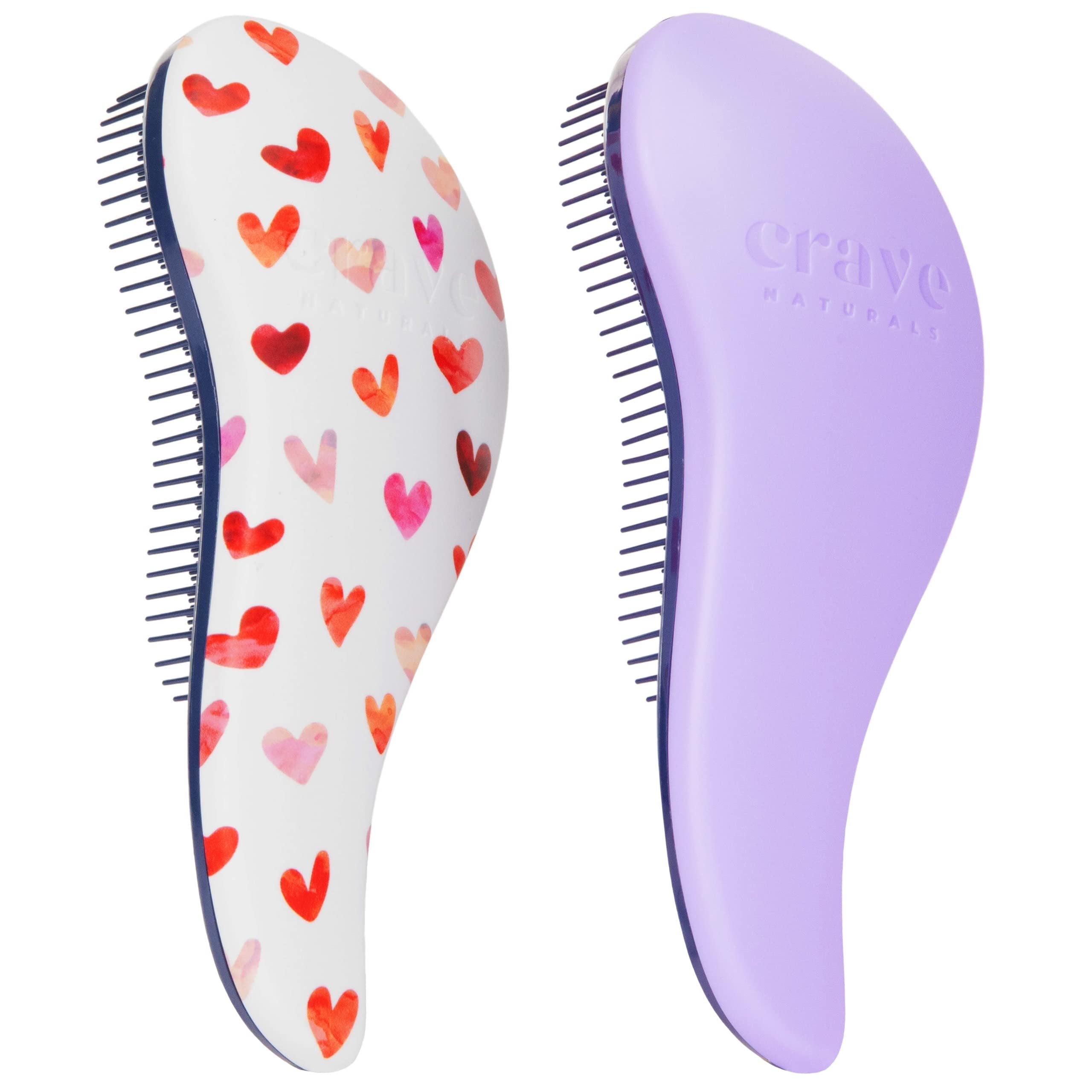 Crave Naturals Glide Thru Detangling Hair Brushes for Adults & Kids Hair - Detangler Hairbrush for Natural, Curly, Straight, Wet or Dry Hair - Hair Brushes for Women - 2 Pack - Pink Hearts & Purple