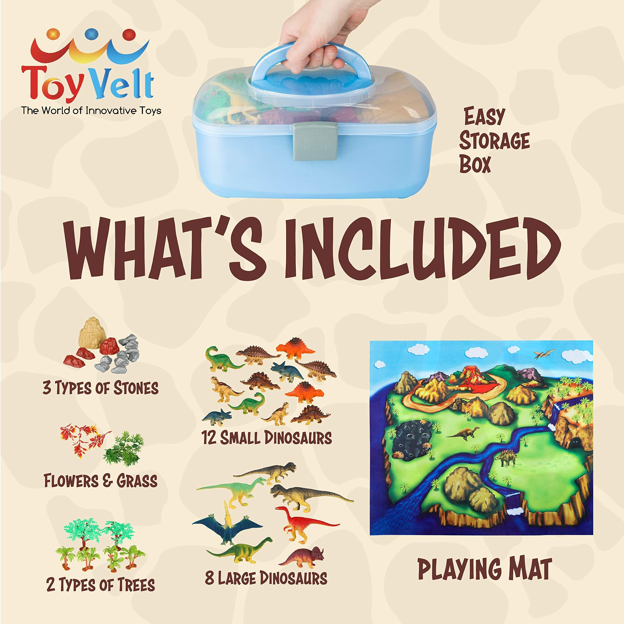 Dino World Play Set: Figures, Trees, Rocks, Playmat, & Container for Ages 3-6+