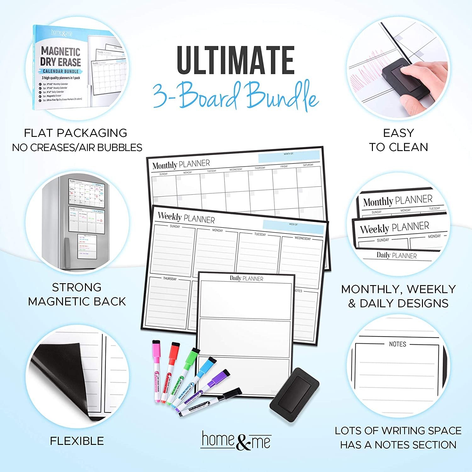 Magnetic Calendar Bundle: 3 Boards Included 17"x12" - Monthly, Weekly, Daily - Fridge Calendar Dry Erase Magnetic - Calendar Whiteboard - 6 Fine Tip Markers, Large Eraser, Magnets, Fridge Whiteboard