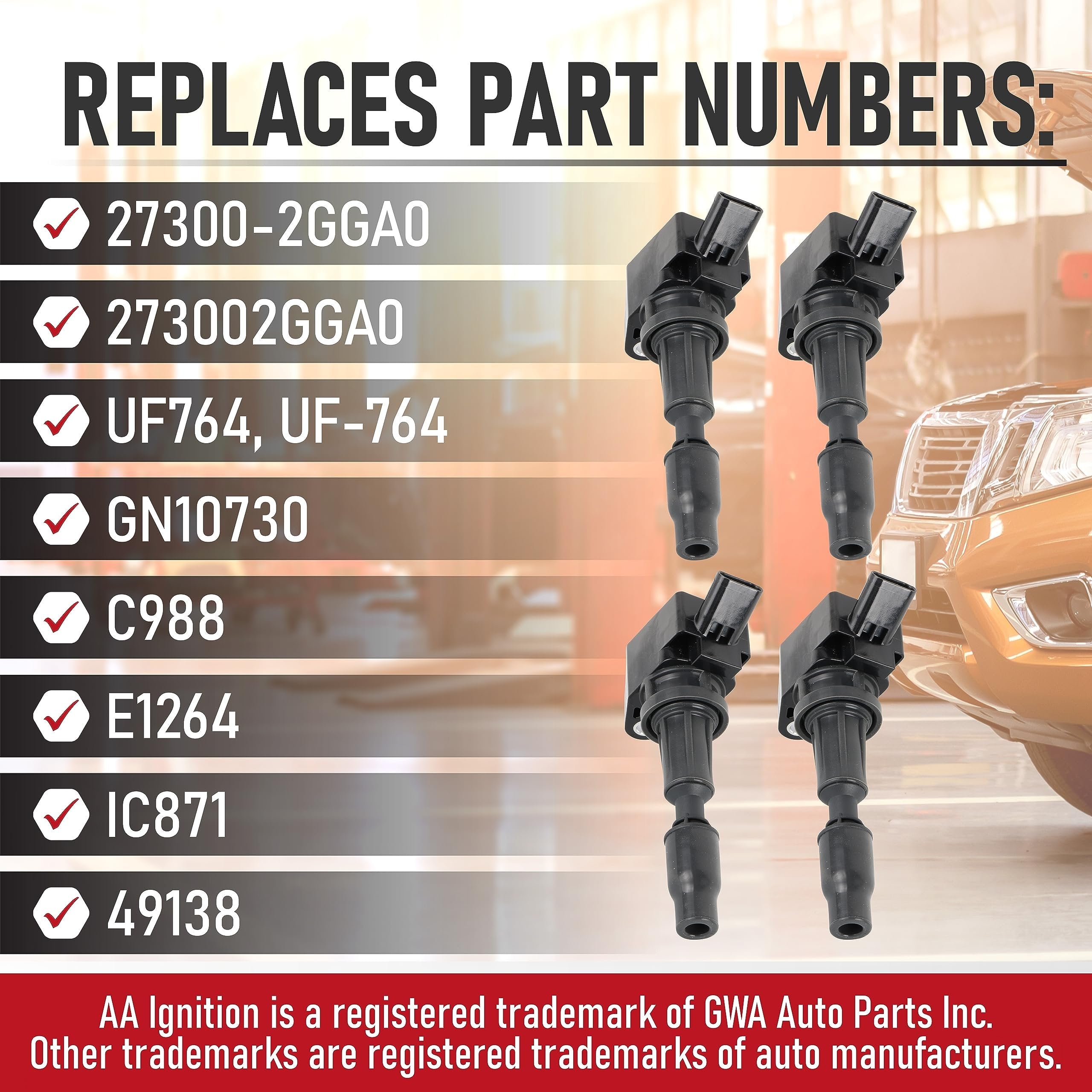 Ignition Coil Pack Set of 4 - Compatible with Hyundai, Kia, Genesis 2.0L, 2.4L, V8 5.0L - Santa Fe, Sonata, Tucson, Veloster, Optima, Sorento, Sportage, G70, G80 - Replaces 273002GGA0, UF764, GN10730