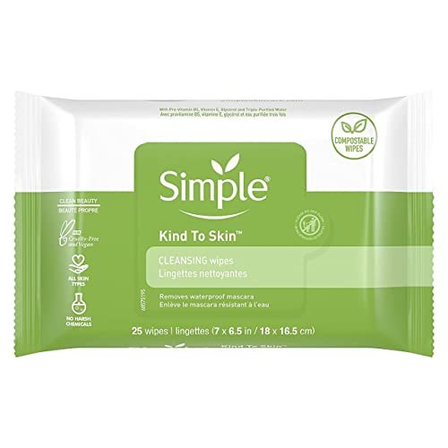 Simple Sensitive Skin Experts Kind To Skin Cleansing Facial Wipes, Waterproof Mascara Remover, Even Softer, 25 Count, (4 Pack)