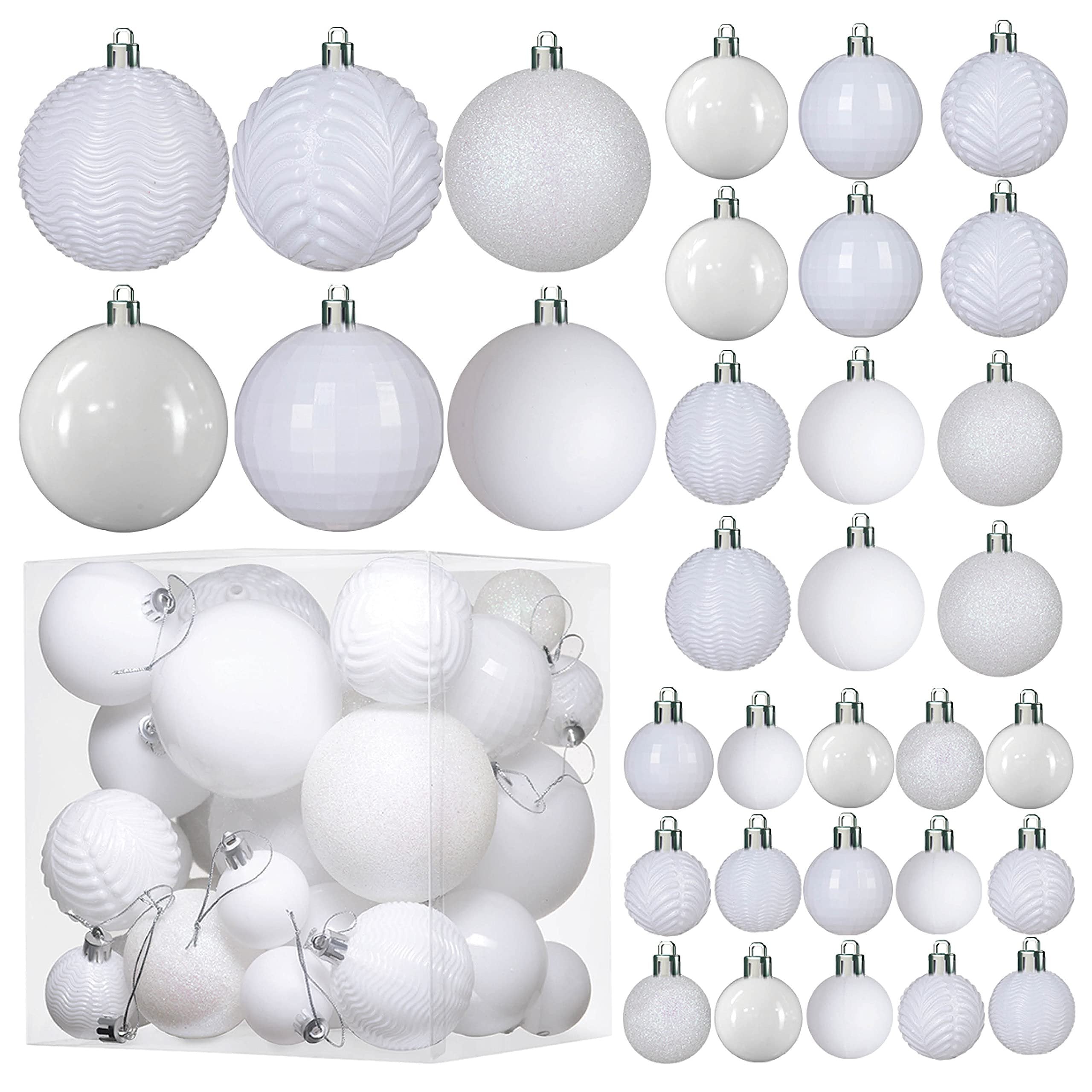 Prextex Christmas Ball Ornaments - White Christmas Ornaments Decorations | 36 pcs Xmas Tree Shatterproof Ornaments with Hanging Loop for Holiday, Wreath and Party Decorations (6 Styles in 3 Sizes)