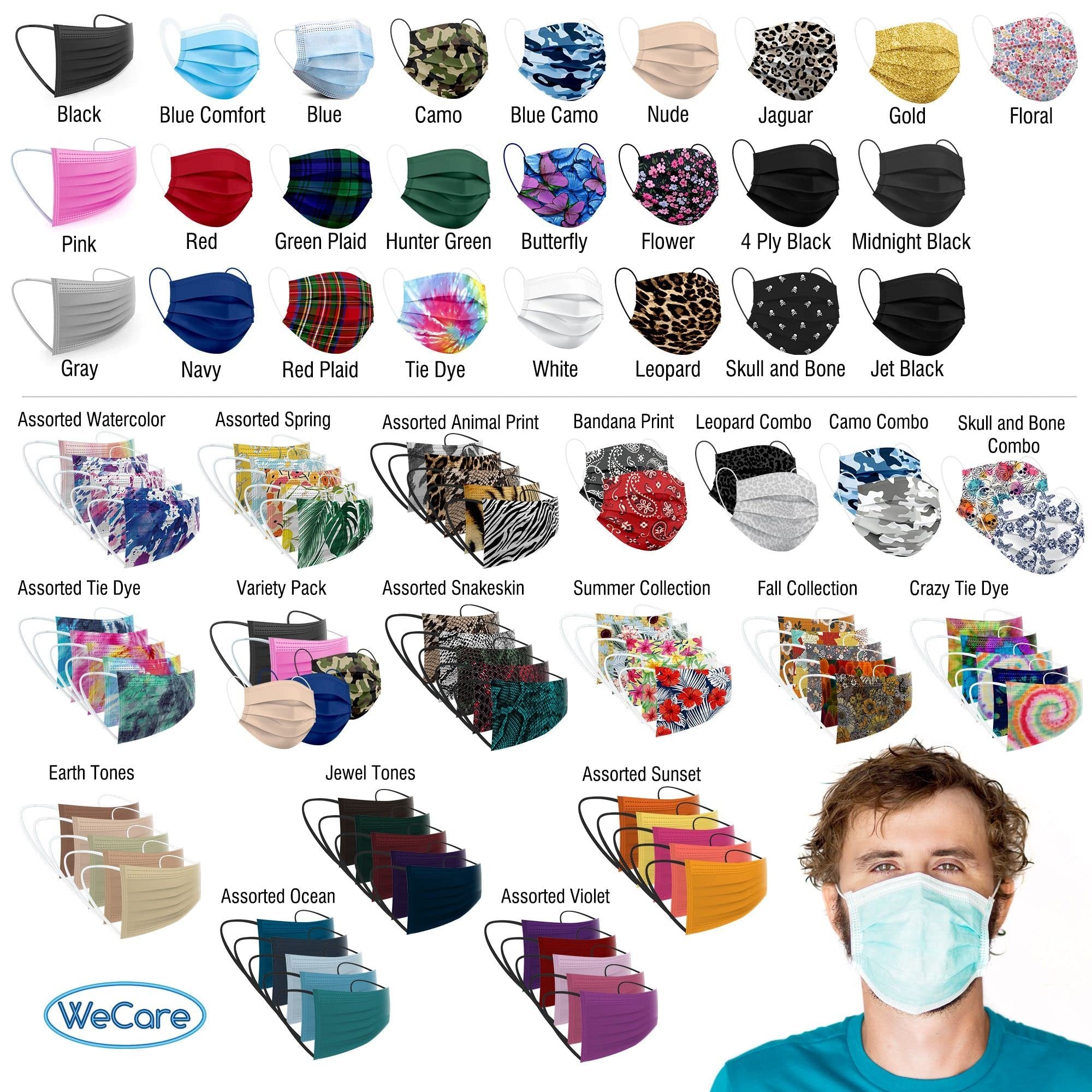 WECARE Disposable Face Mask Individually Wrapped - 50 Pack, Skull and Bones Combo Masks - 3 Ply