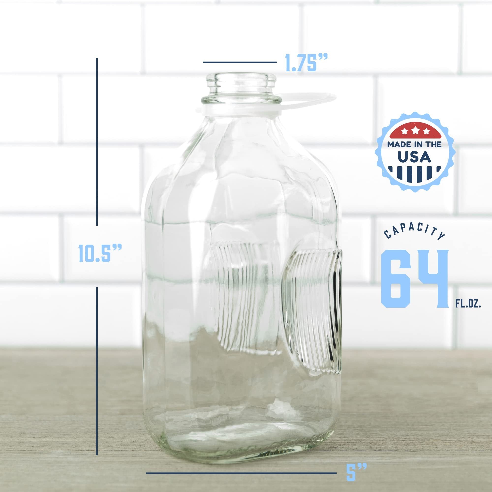 Kitchentoolz 64 Oz Glass Milk Bottle Jugs with Caps, Half Gallon Glass Milk Container for Refrigerator with Tamper Proof Lids and Pour Spouts- Pack of 2