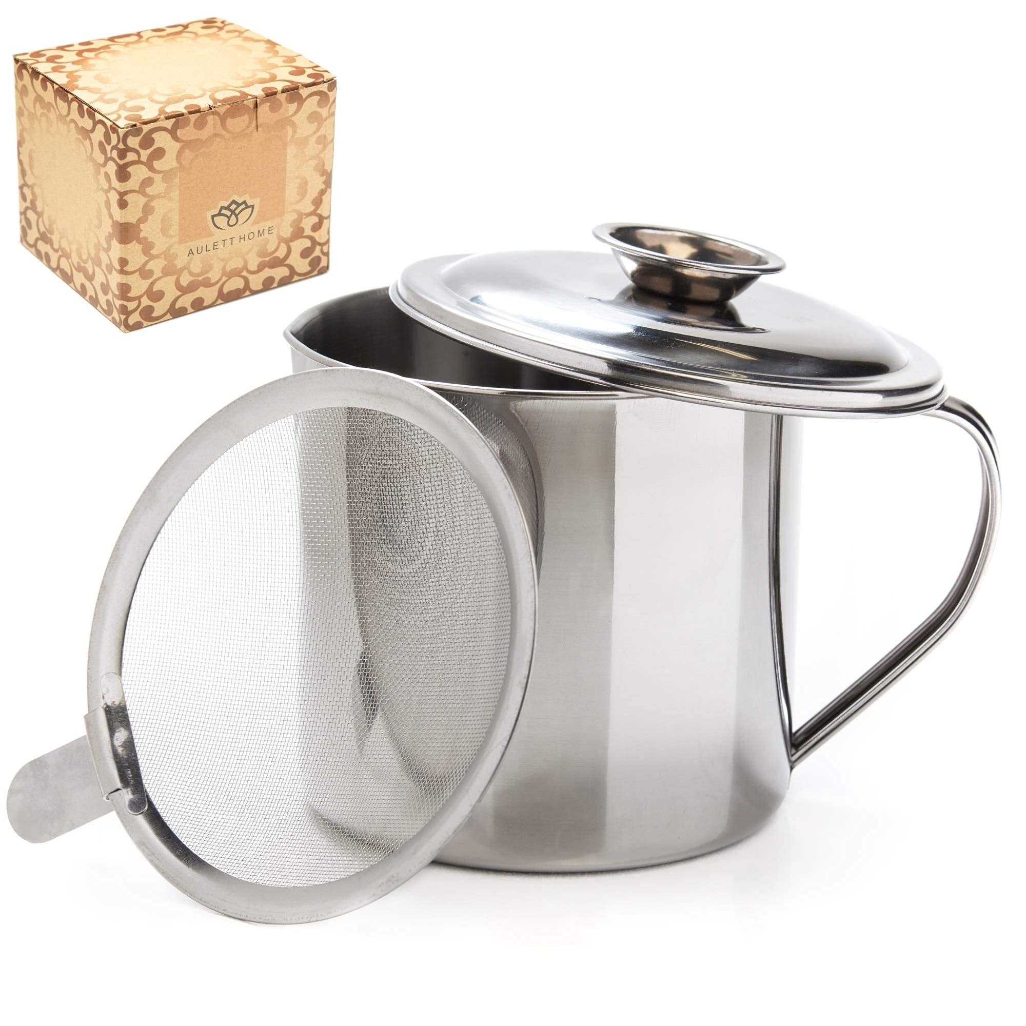 Aulett Home Bacon Fat Container With Oil Strainer - Great For Storing Fats for Keto and Paleo, Cooking Oil and Drippings - 1.25 Quart Or 5 Cups Stainless Steel Grease Keeper