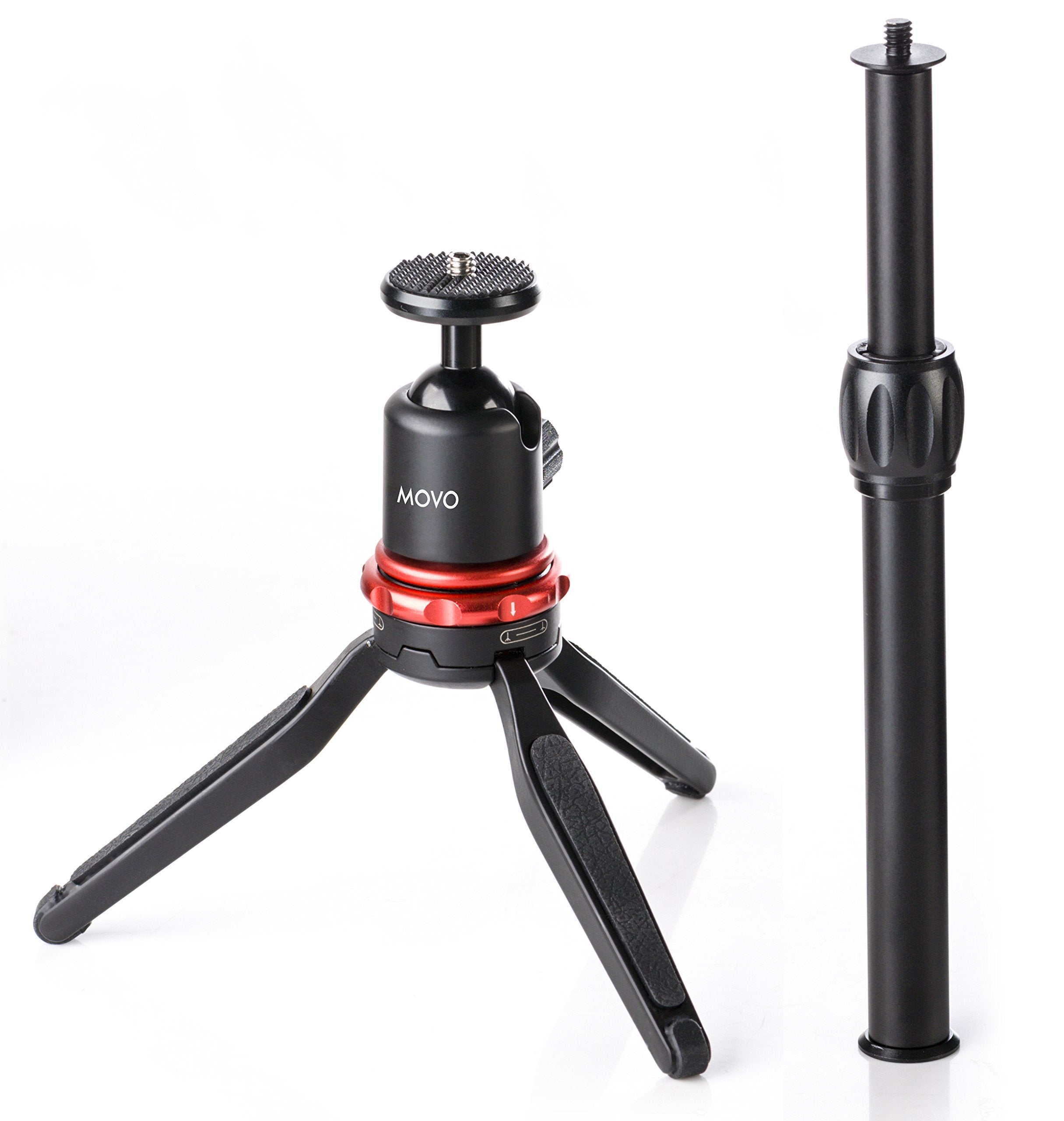 Movo Universal Mini Camera Tripod with Extendable Pole (MV-T1) Adjustable Head, Heavy-Duty Aluminum Travel Stand for DSLR, Mirrorless, GoPro, Smartphones, Compact, Portable