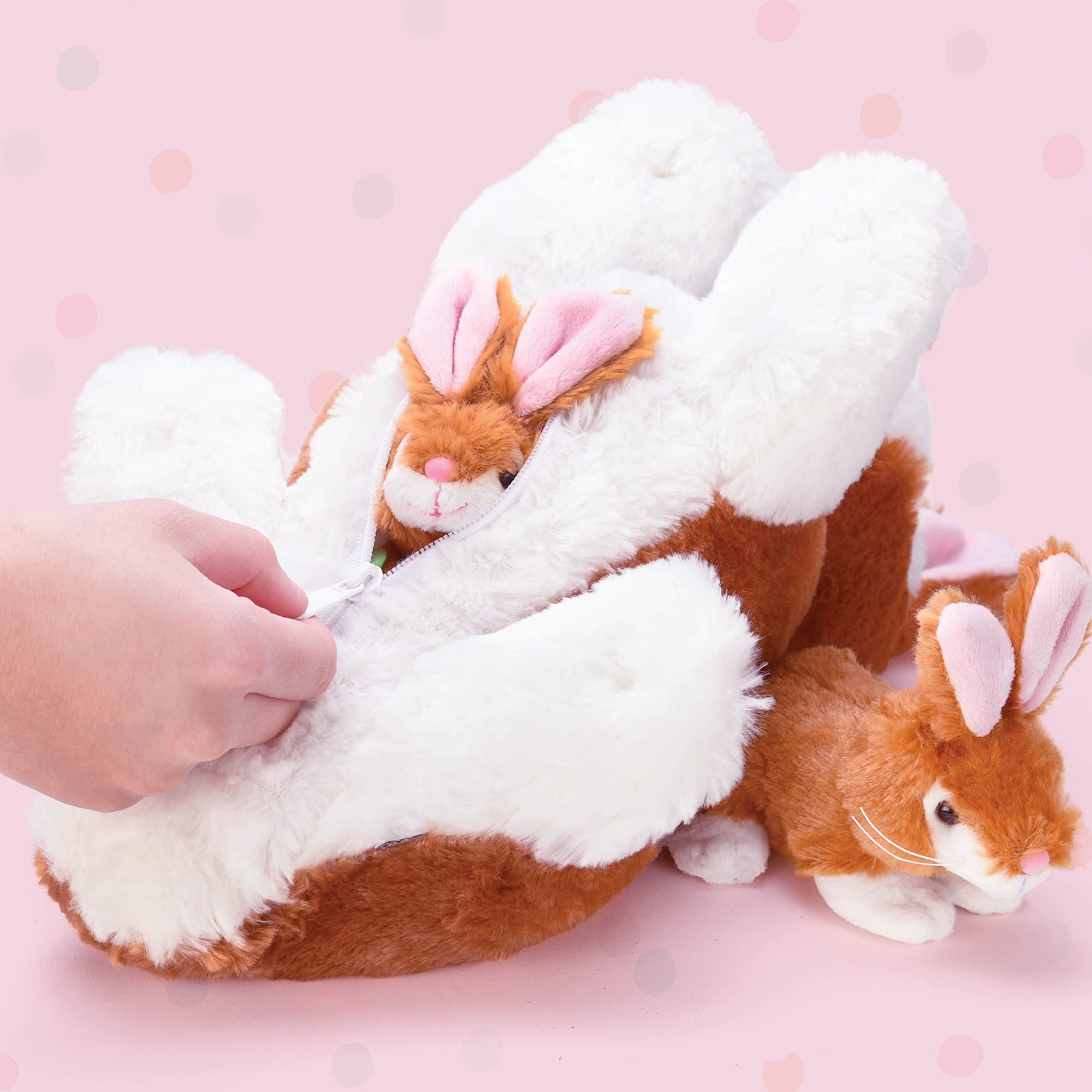 Plush Bunny Rabbit with Zippered Pouch for Little Baby Bunnies, Bunny Stuffed Animal, Easter Bunny Stuffed Animal, Perfect for Easter Gift and Easter Basket