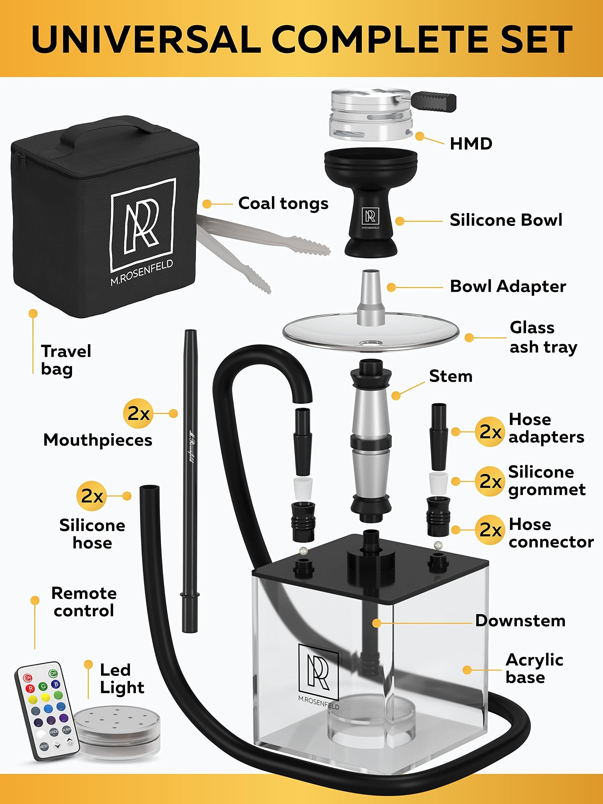 Hookah 2 Hose Hookah Set - YADO Square Hookah To Go with Hookah Charcoal Holder Heat Management Device and Big Black Silicone Hookah Bowl and Bag for Shisha Portable Hookah Set with Everything