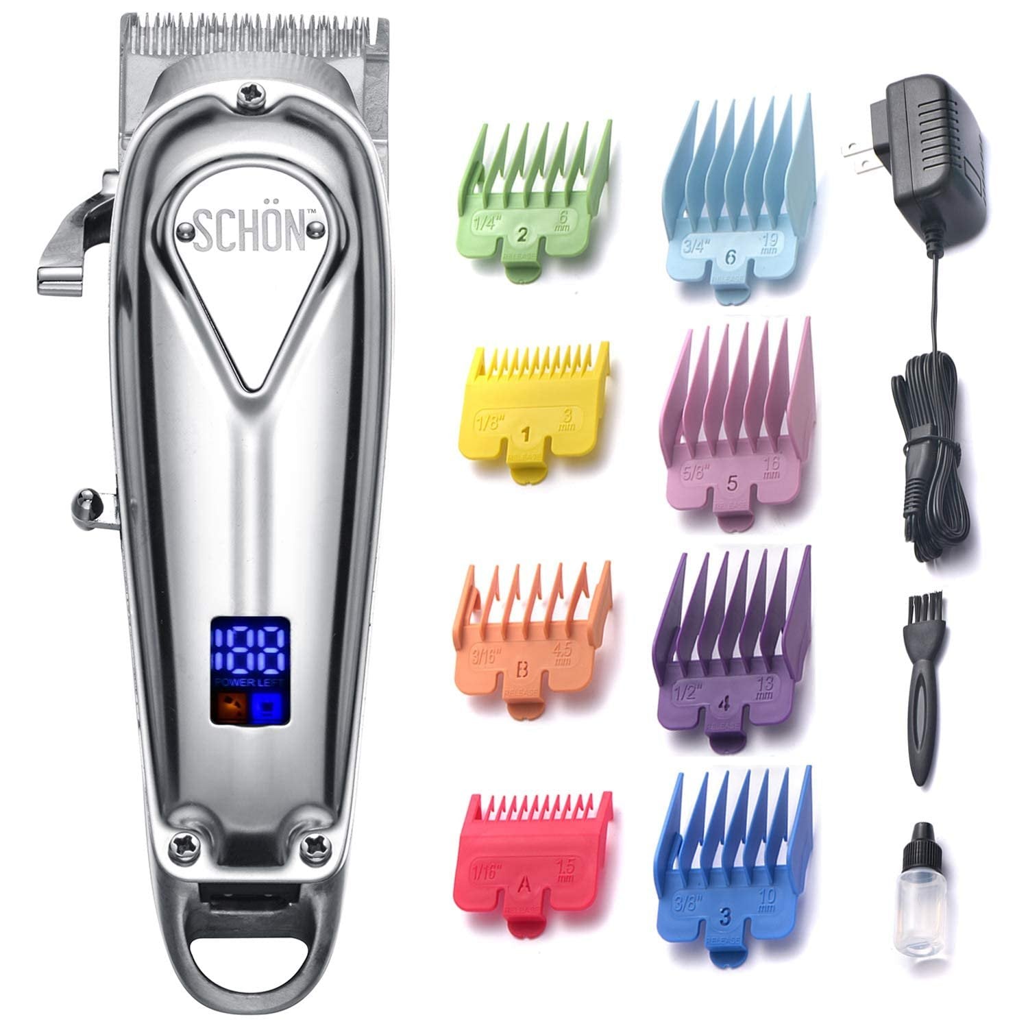 Schon Cordless Rechargeable Hair Clipper and Trimmer for Men, Women, Children - Solid Stainless Steel Electric Buzzer with Precision Blades, Hair Cutting Kit with 8 Color-Coded Guide Combs