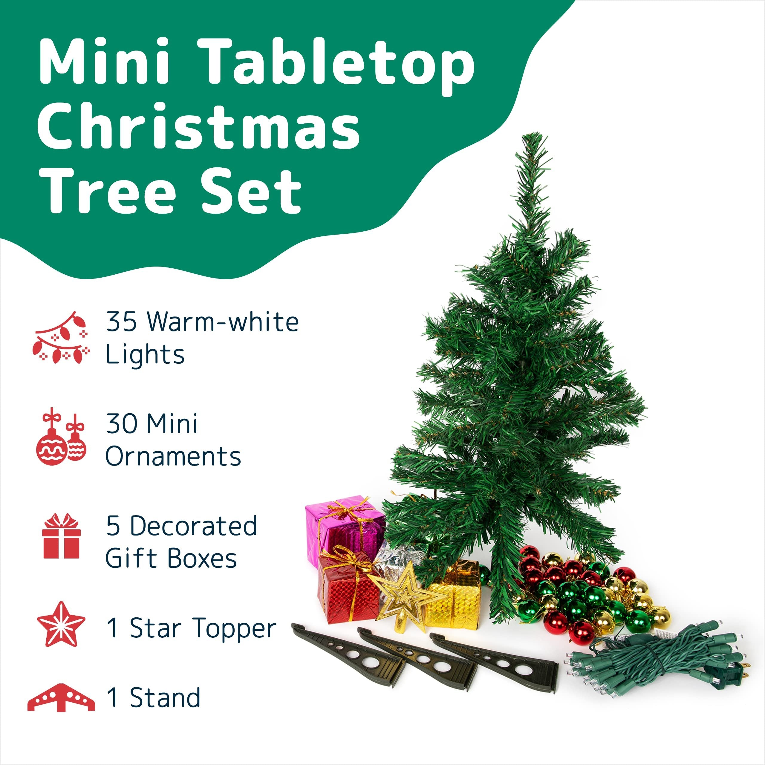Prextex 23 Inch Tabletop Mini Christmas Tree Set with Warm-White LED Lights, Star Treetopper, Gift Boxes & Hanging Ornaments for Christmas Decorations, Table Top Small Christmas Tree with Lights