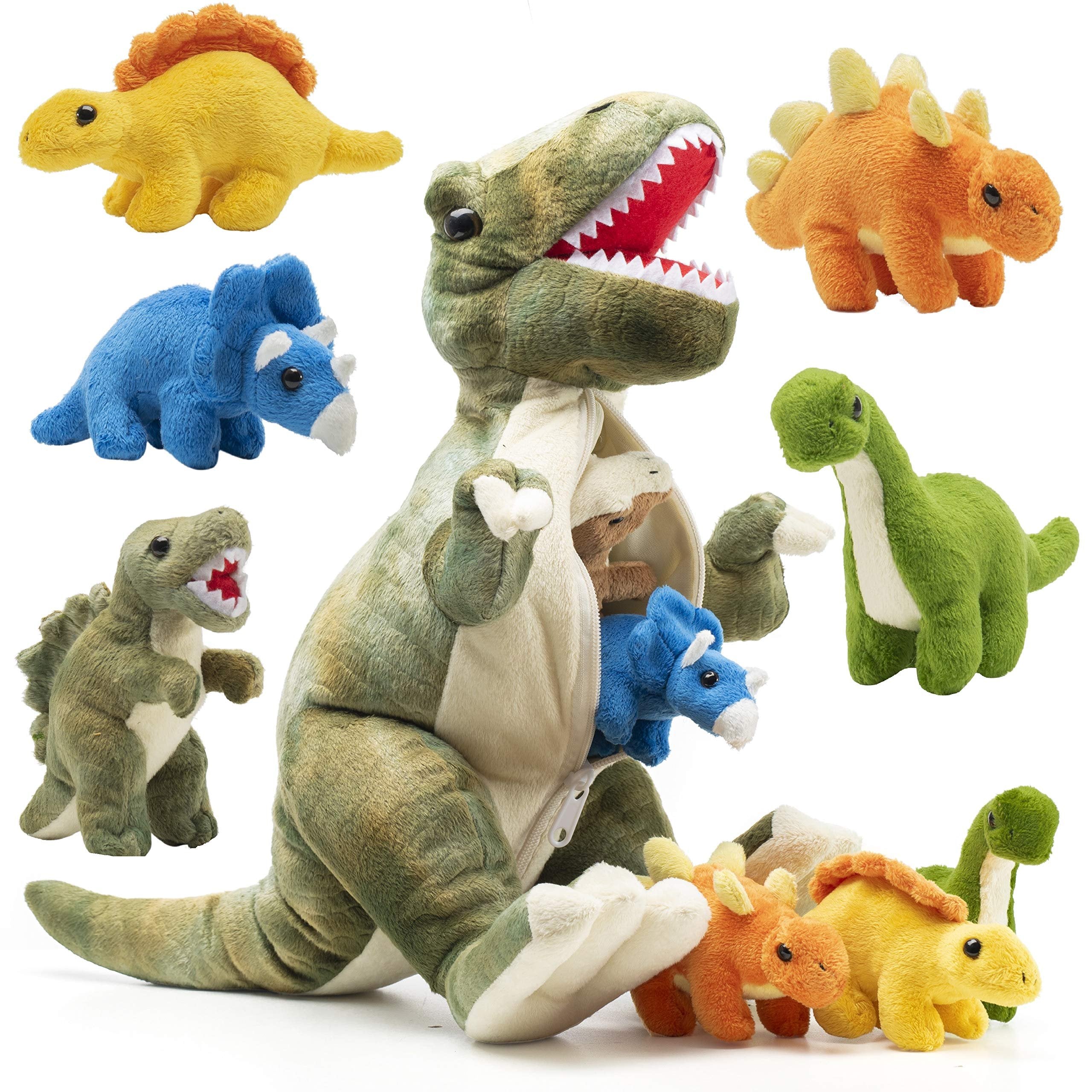 PREXTEX 15" T-rex Dinosaur Stuffed Animal Set w/ 4 Plush Dinosaur Toys Inside, Large Zippered Pouch for Boys & Girls, Colorful Dinosaur Plushies for Kids 3-5