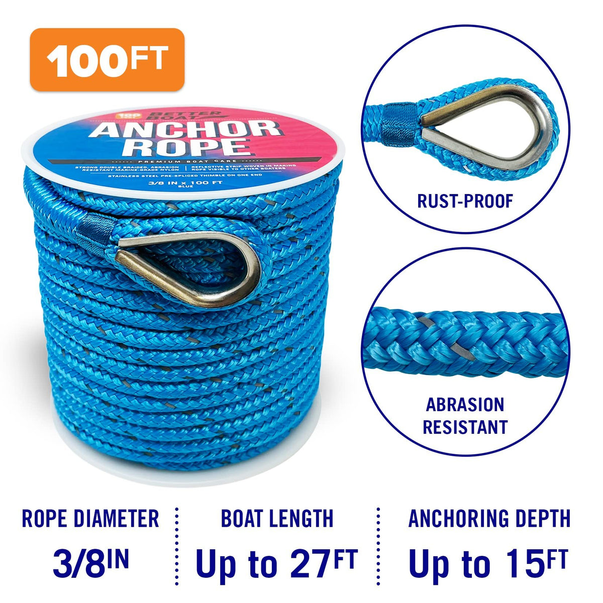 Premium Boat Anchor Rope 100 Ft Double Braided Boat Anchor Line Blue N