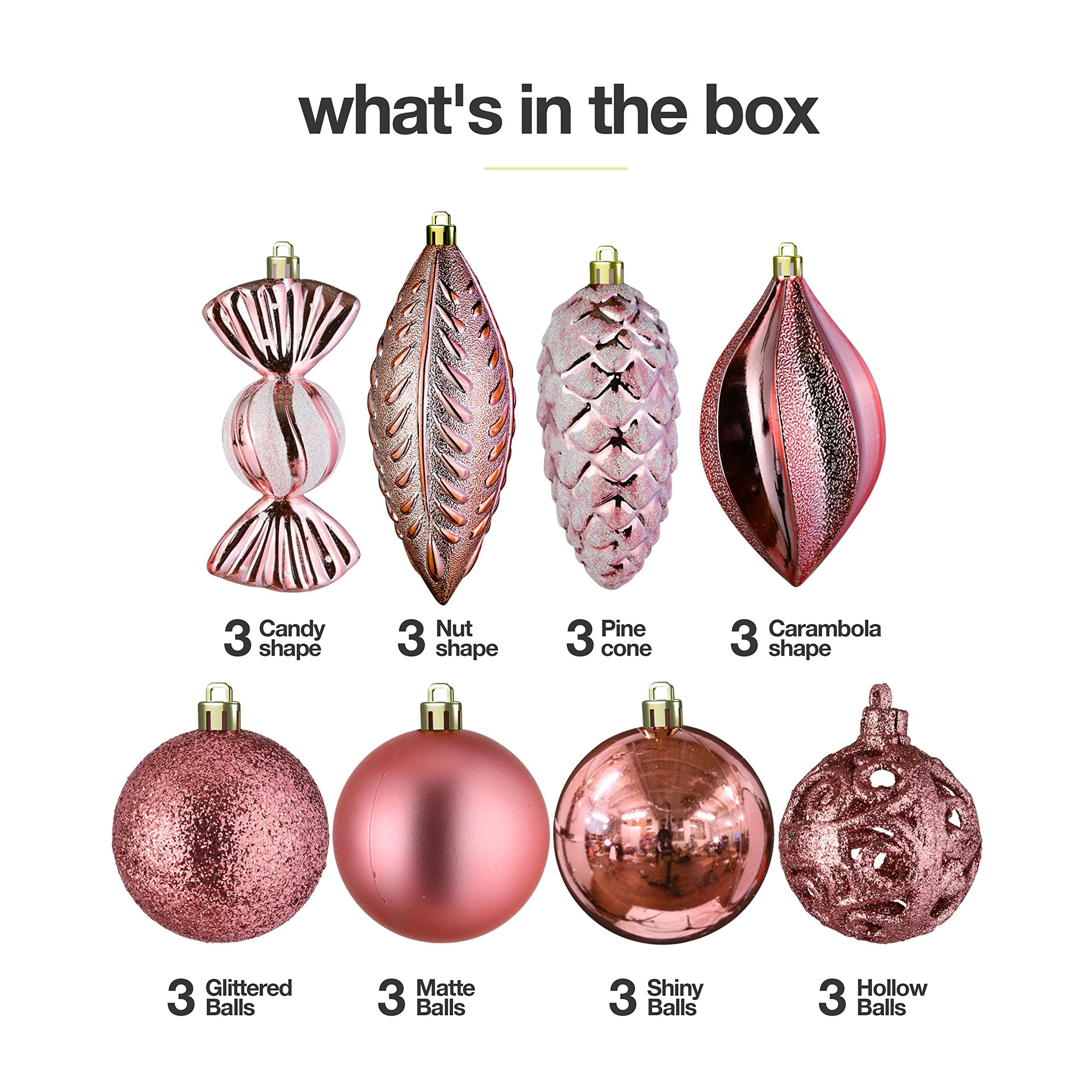 Prextex Rose Gold Christmas Ornaments Set (24pcs) - Shatterproof Balls for Tree, Wreath & Holiday Decor