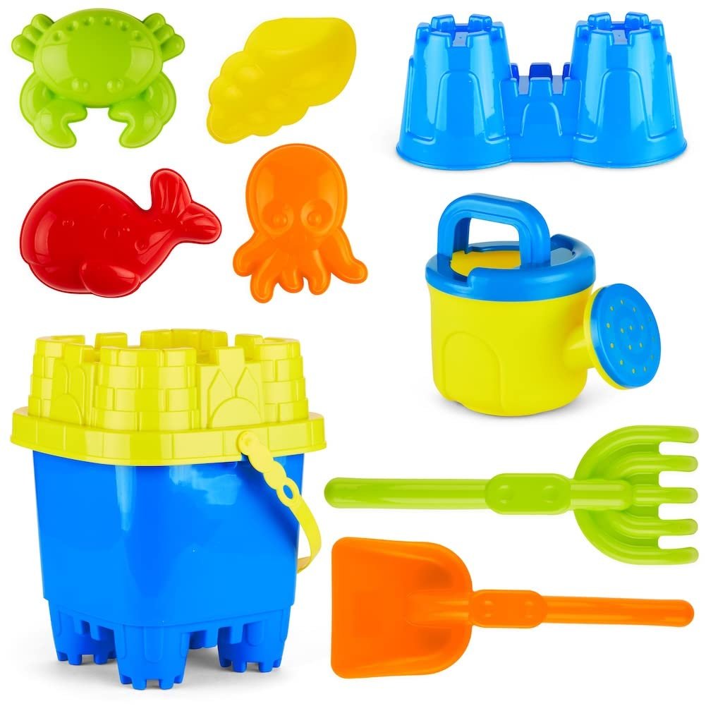 PREXTEX 10 Piece Beach Sand Toys Set for Kids - Bucket with Sifter, Shovel, Rake, Watering Can, 5 Animal and Castle Sand Molds for Kids & Toddlers - Sand Buckets and Shovels for Kids, Beach Toy Set