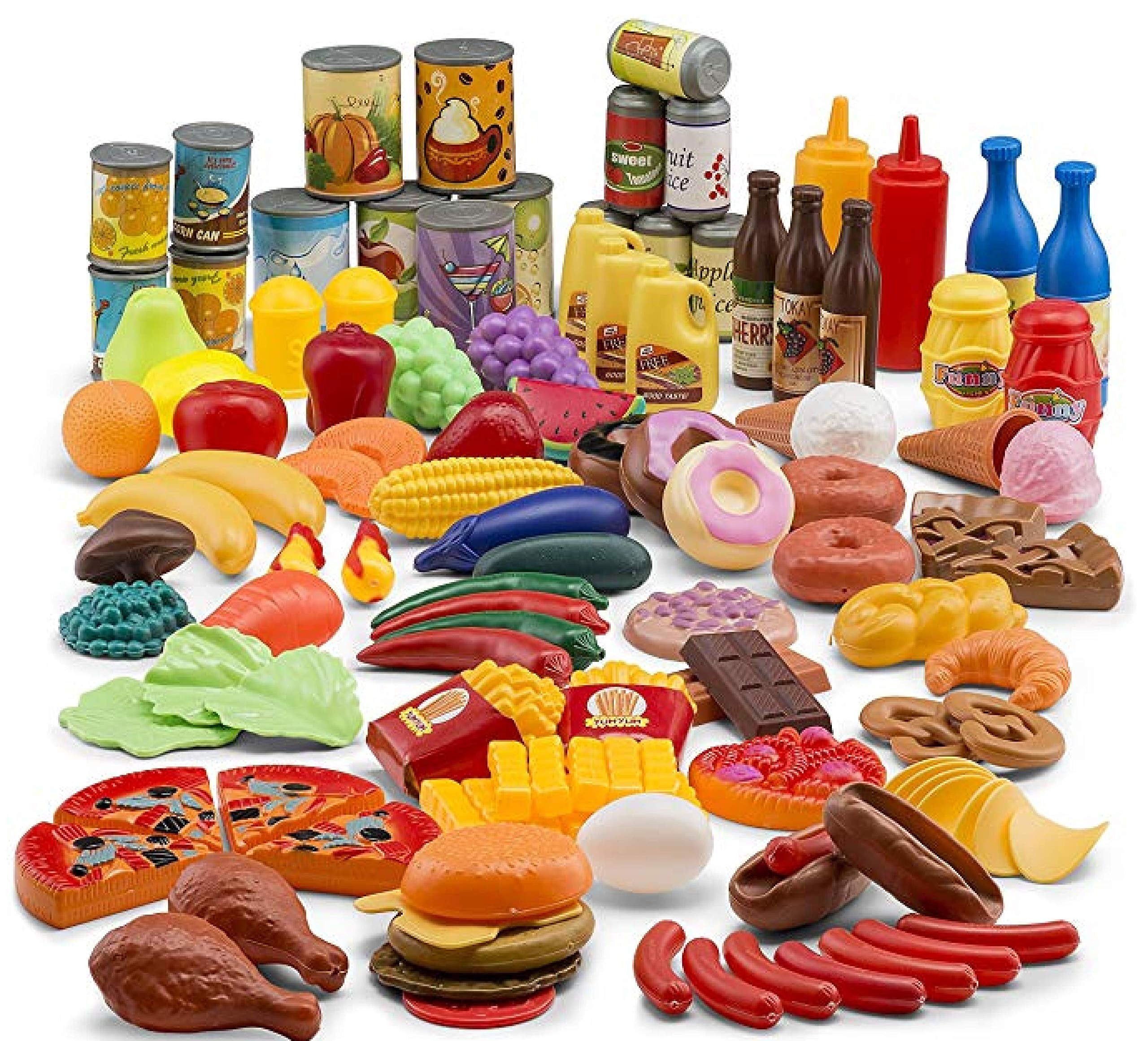 JaxoJoy 122-Piece Deluxe Pretend Play Food Set | Toy Food Assortment Playset for Kids & Toddlers | Pretend Play Food Sets for Kids Kitchen | Kitchen Toys | Play Kitchen Accessories
