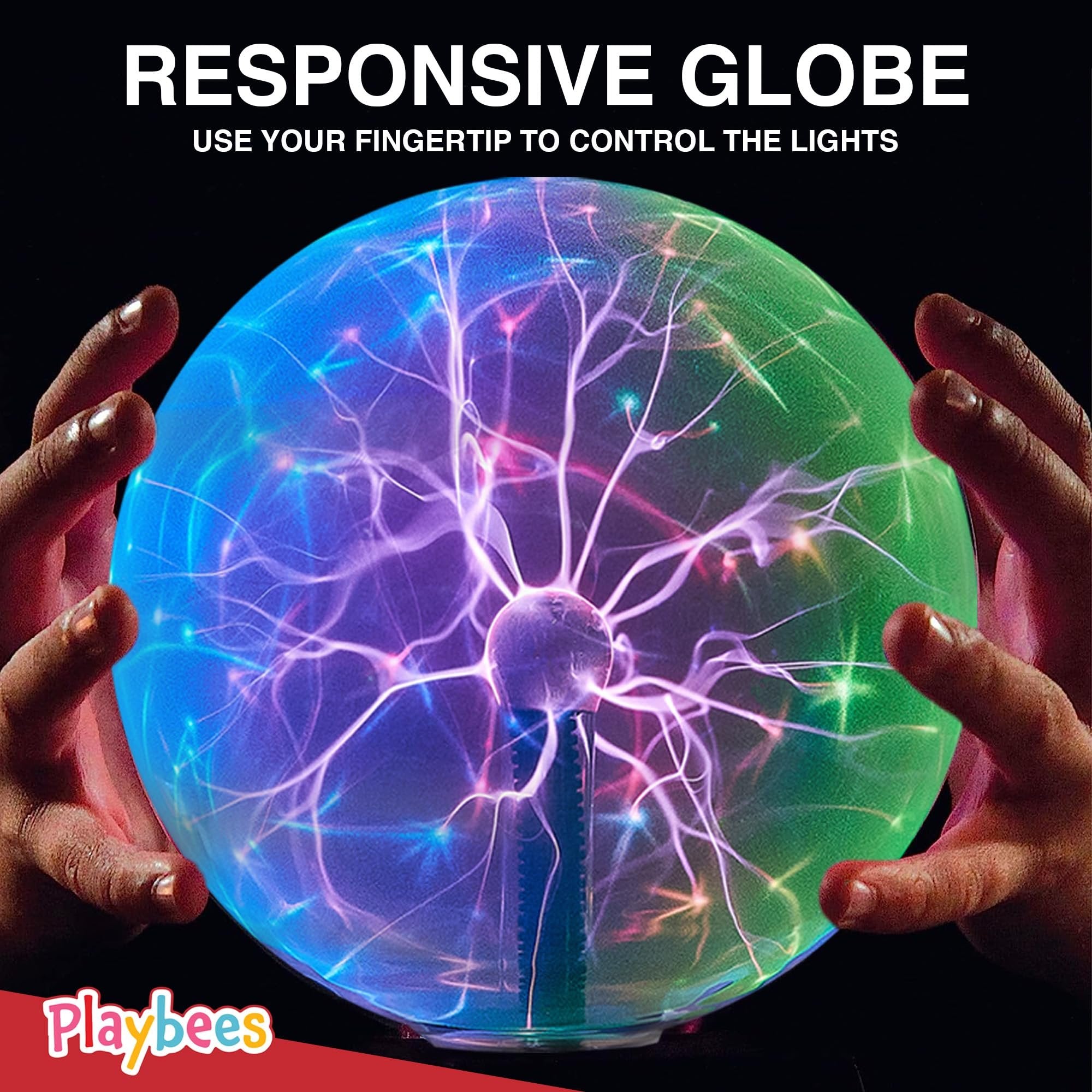 Playbees Colorful Plasma Ball - 7 Inch - Static Electricity in a Vacuum Pressurized Glass Globe - Multicolor, Nebula, Thunder Lightning, Plug-in - for Parties, Decorations, Prop, Home, STEM