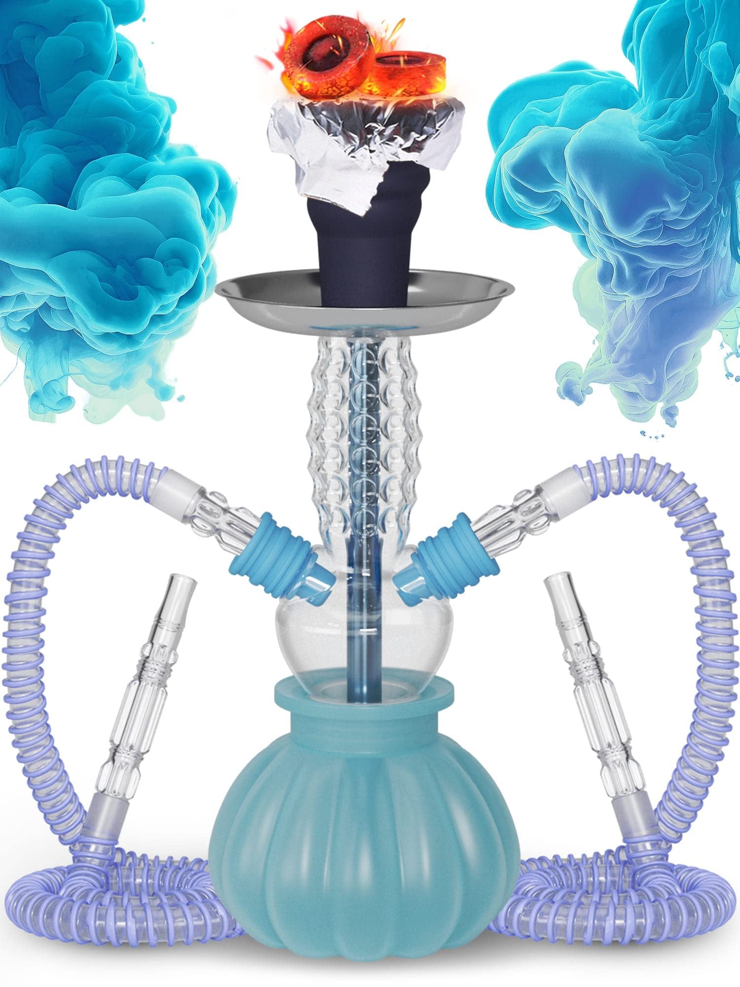 Royal Blue Hookah Set 2 Hose Hookah - Picolo 12” Blue Mini Hookah 2 Hose Hookah Set with Silicone Hookah Bowl 2x Hookah Hose Blue 50x hookah foil with holes 10x hookah tips disposable & Tongs