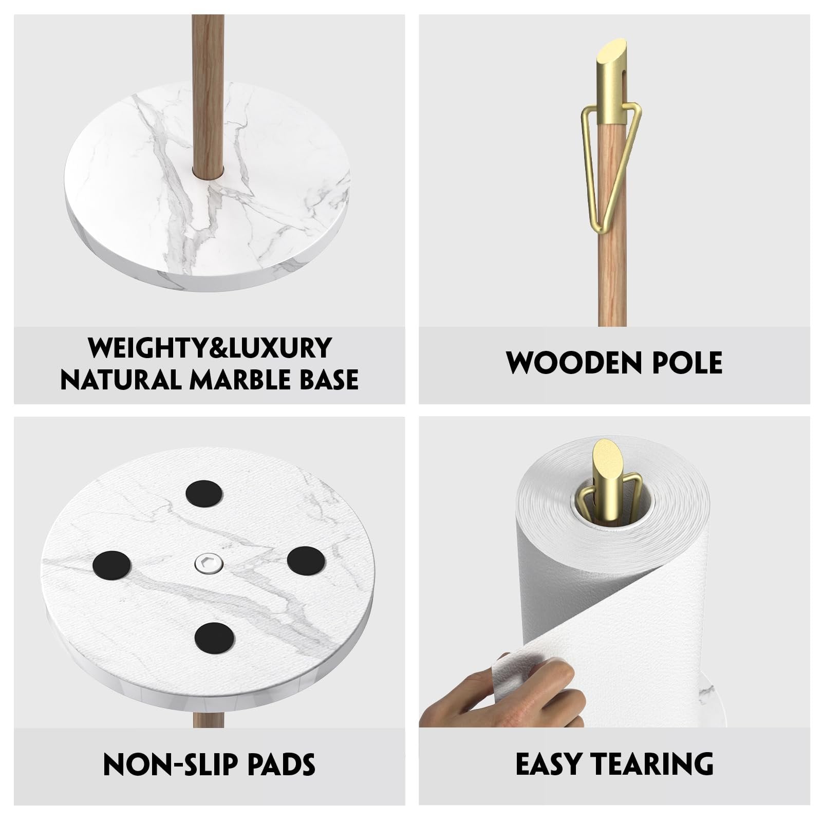 ASTOFLI Marble Paper Towel Holder Stand, Gold Paper Towel Holder Countertop, Wood Paper Towel Stand for Kitchen, Weighted Paper Towel Holder Counter, Free Standing Paper Towel Holder for Large Rolls