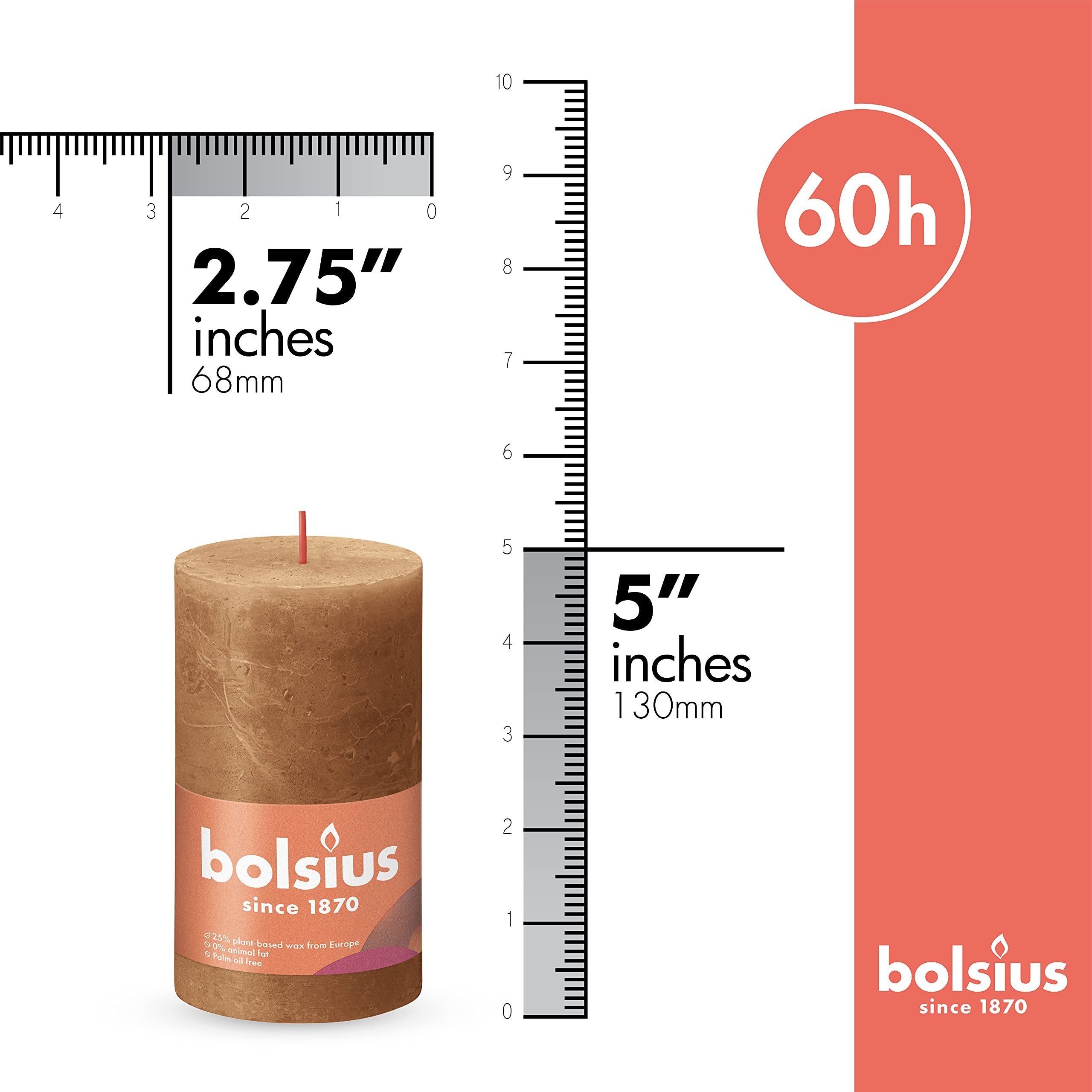 BOLSIUS 4 Pack Spice Brown Rustic Pillar Candles - 2.75 X 5 Inches - Premium European Quality - Includes Natural Plant-Based Wax - Unscented Dripless Smokeless 60 Hour Party and Wedding Candles